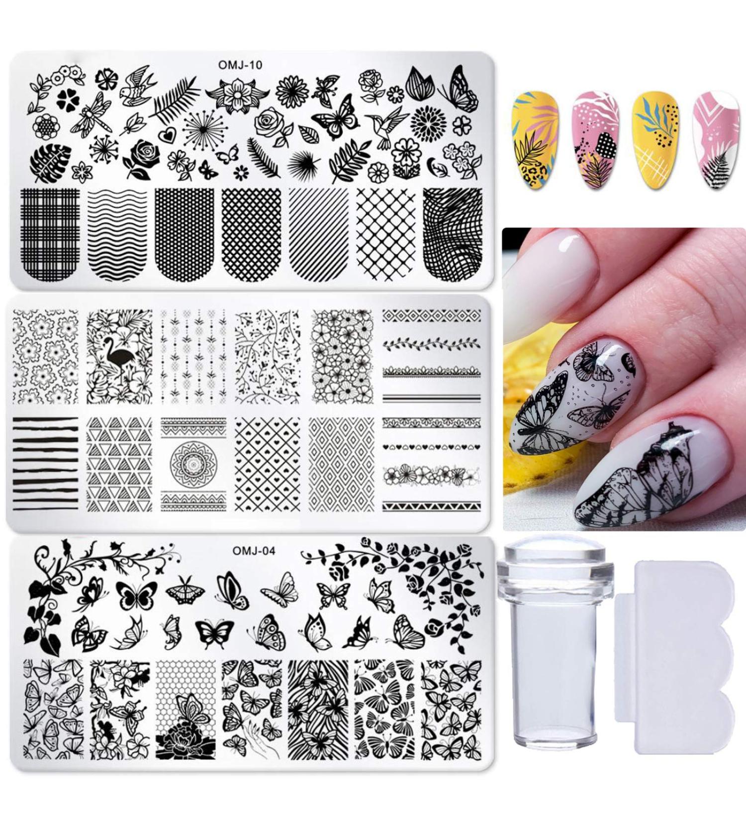 Nail Stamping Kit - 3pcs Butterfly Leaves Image Plates with Clear Stamp and Scraper for Nail Art Design - Buy Online on GoSupps.com