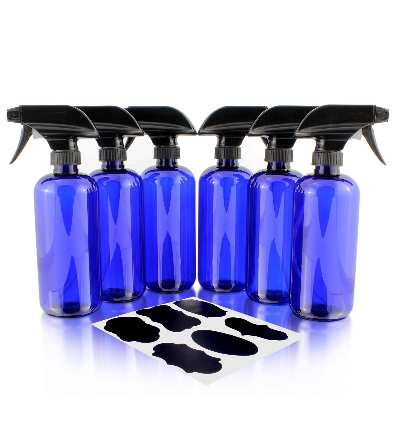 16oz Cobalt Blue Plastic Spray Bottles (6-Pack) with Heavy Duty Sprayers and Chalkboard Labels - BPA-Free PET, Ideal for Aromatherapy, DIY Cleaning, Kitchen, Hair - 16oz - Buy Online on GoSupps.com