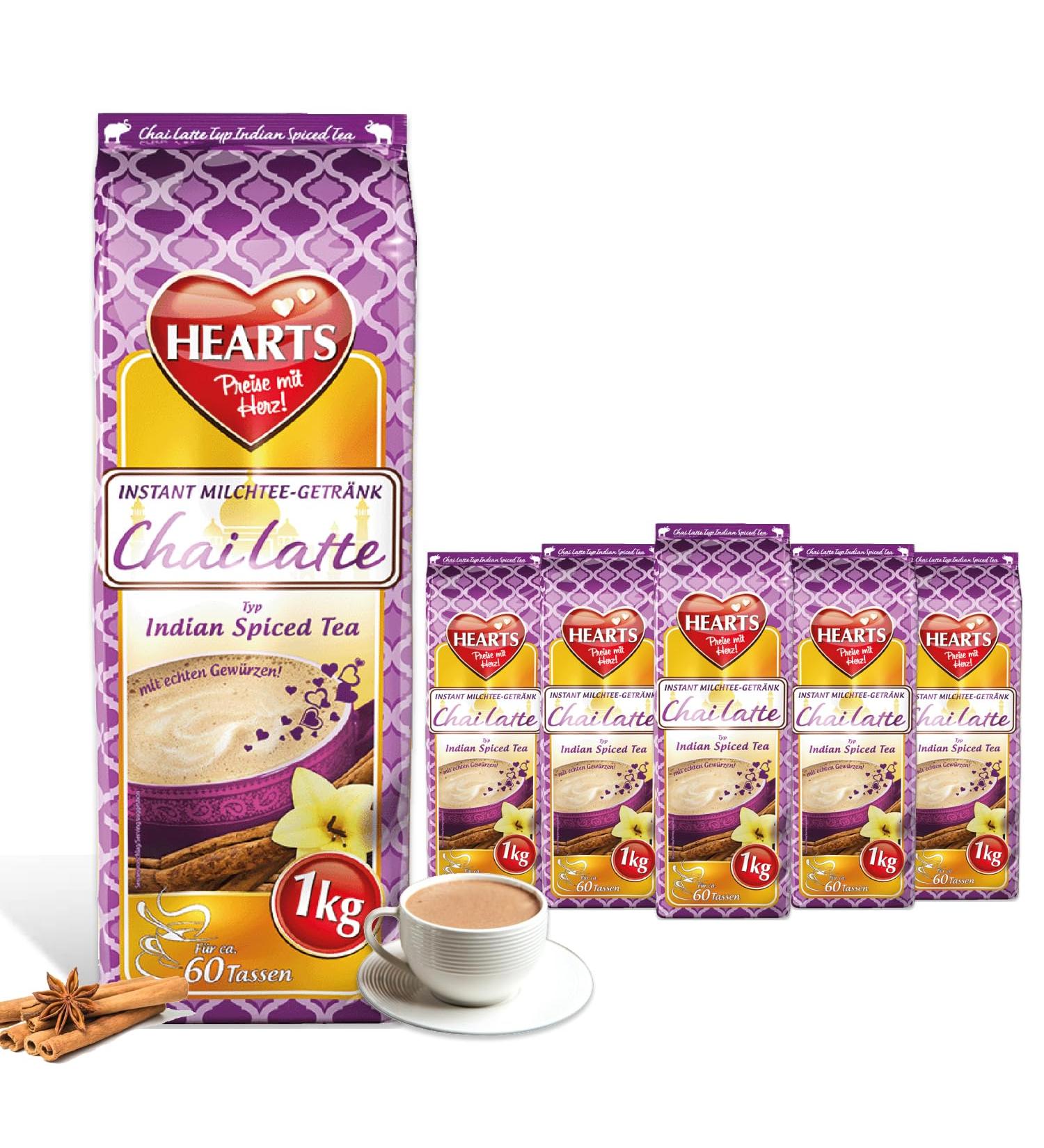 Hearts Chai Latte Powder Instant Milk Tea - Easily Soluble with Real Spices - Easy to Add Water Enough for 250 Cups - 5 x 1 kg - Buy Online on GoSupps.com