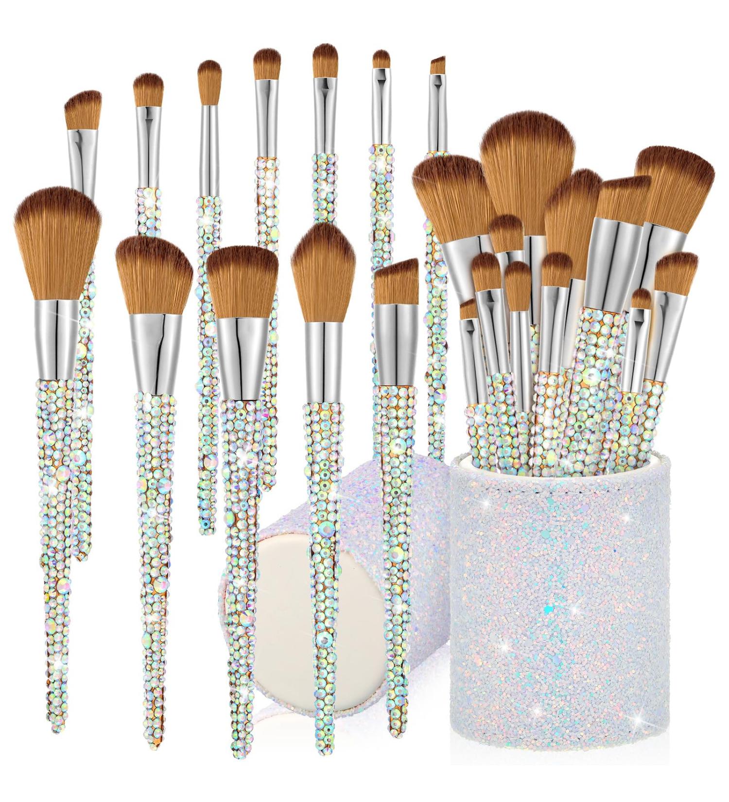 13 Pieces Rhinestone Makeup Brushes Set - Bling Crystal Professional Face & Eye Cosmetics Tools with Holder | Perfect for Liquid Foundation Powder & Concealer (Silver Yellow - Buy Online on GoSupps.com