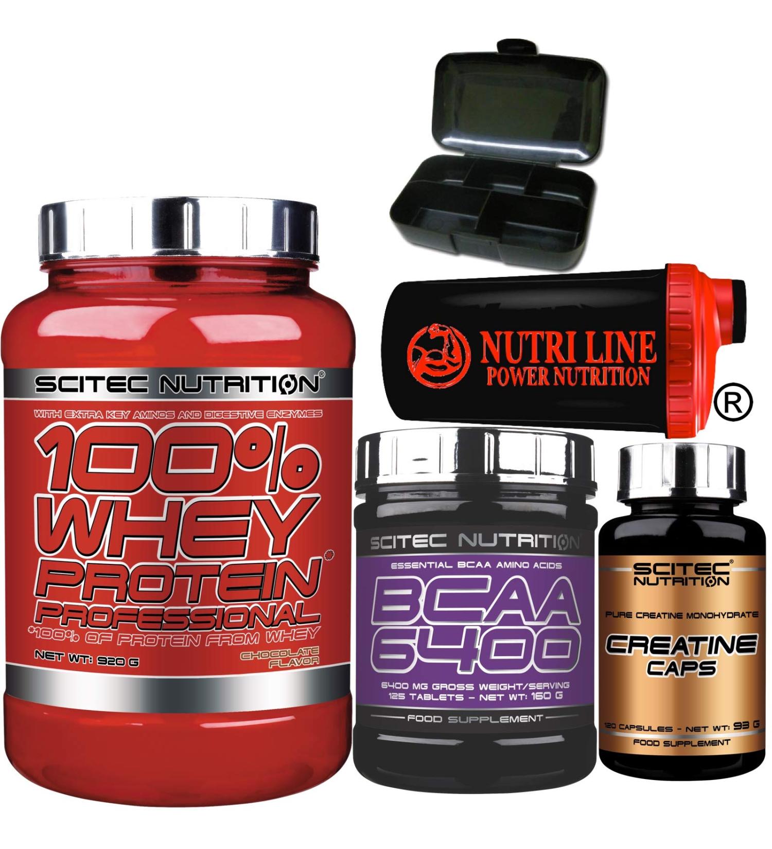 Scitec Nutrition 100% Whey Protein Professional 920 gr Proteine siero del Latte con 125 Bcaa 6400 125 compresse 120 Capsule creatina Shaker Nutriline e Portapillole (Caramello)