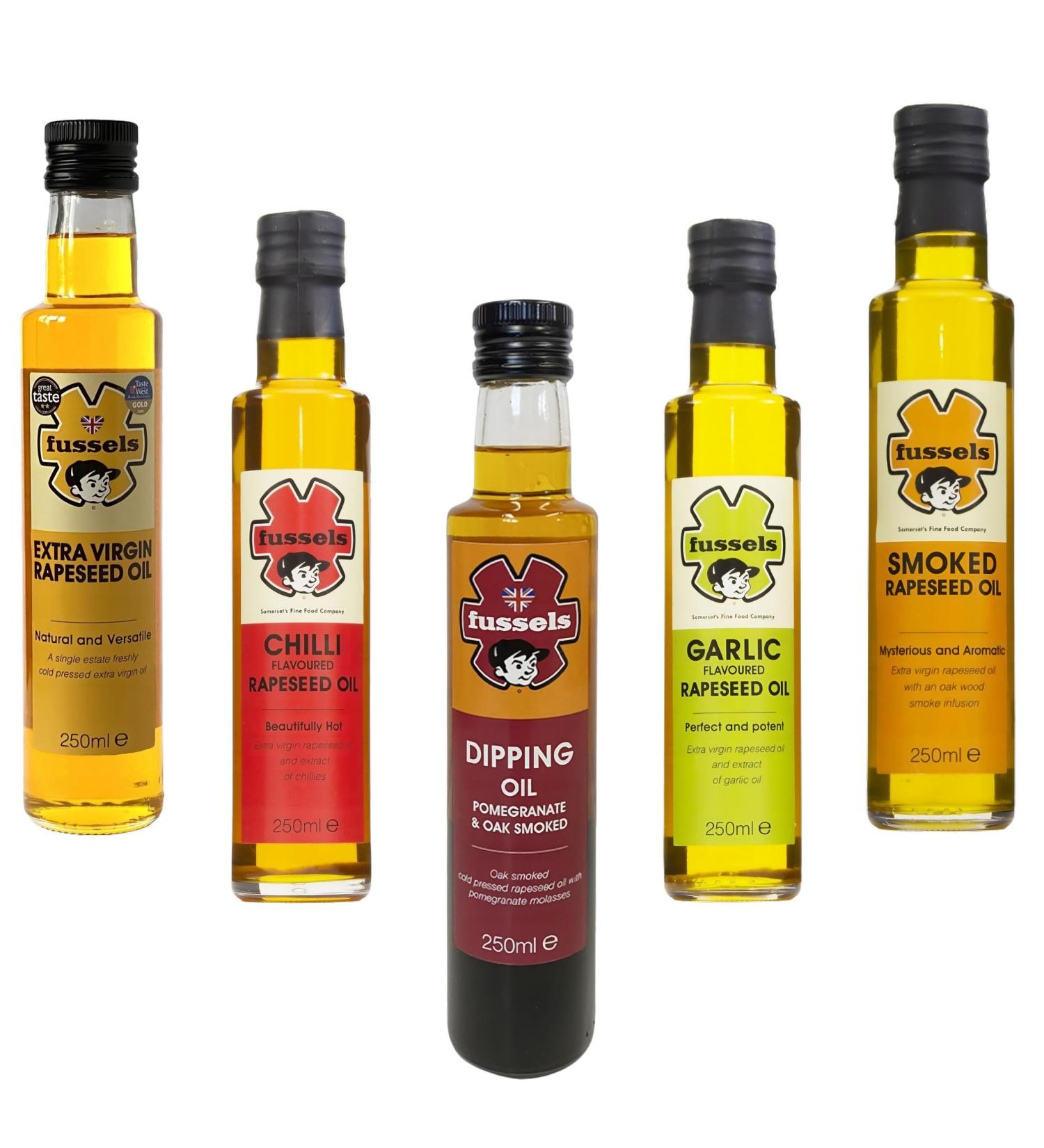 Fussels Oil Pick N Mix - Choose From 4+ Flavors | Extra Virgin Rapeseed Smoked Rapeseed Chilli Flavoured Rapeseed Garlic Flavoured Rapeseed Dipping Oil - Pack of 5 x 250ml - Buy Online on GoSupps.com