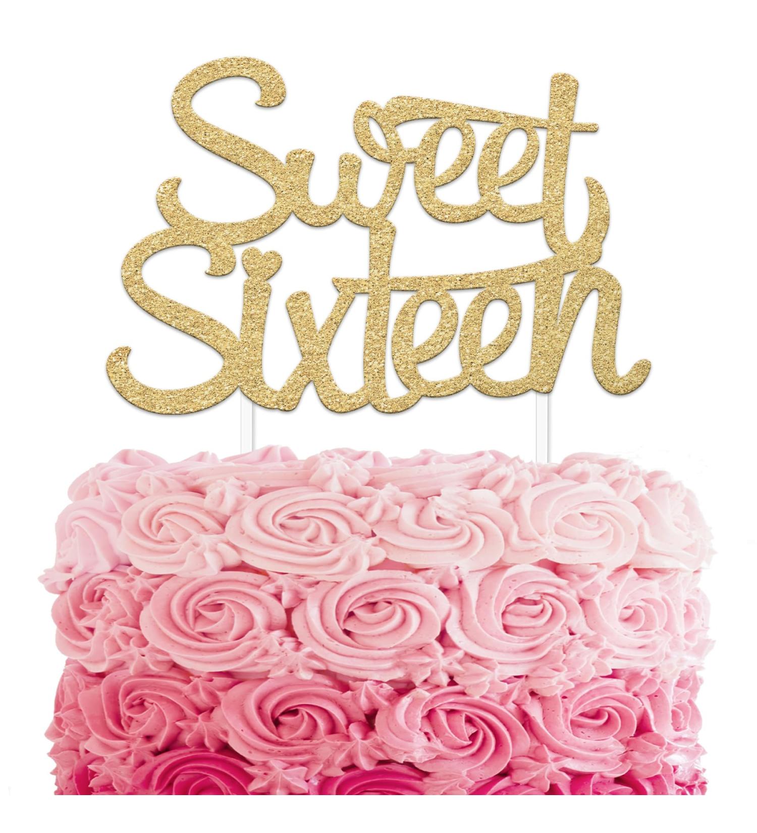 Merry Expressions 16th Birthday Cake Topper in Gold - 16.5 x 10 cm Double Sided Gold Glitter Cardstock Sweet 16 Cake Topper - 16th Cake Topper Decoration Perfect for your Birthday - Buy Online on GoSupps.com