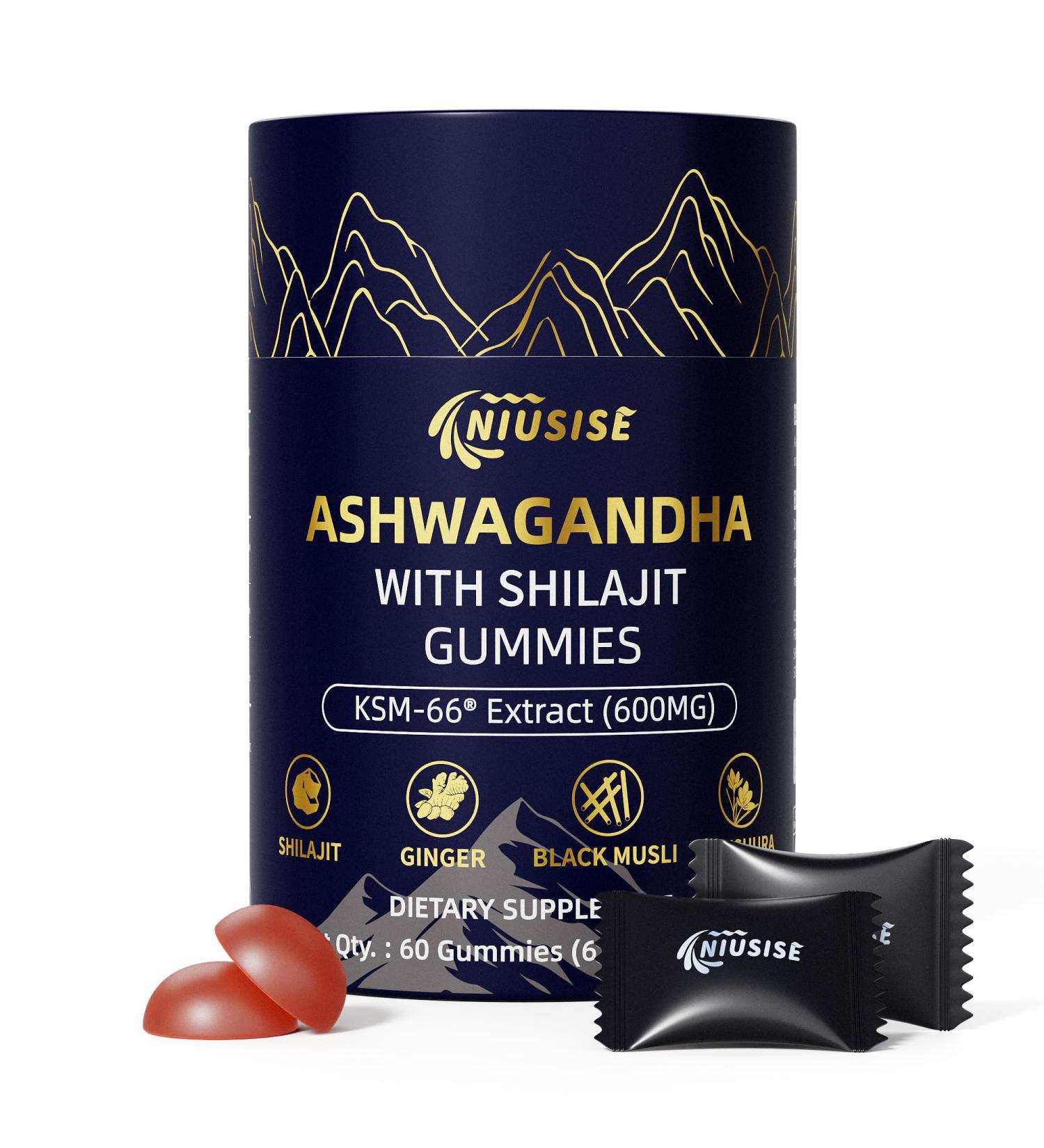NIUSISE Ashwagandha Gummies with Shilajit 300mg for Women & Men Zero Sugar ashwagandha Supplements with Maca Root Powder | Organic ashwagandha Extra Strength for Boost Energy 60 Gummies - Buy Online on GoSupps.com