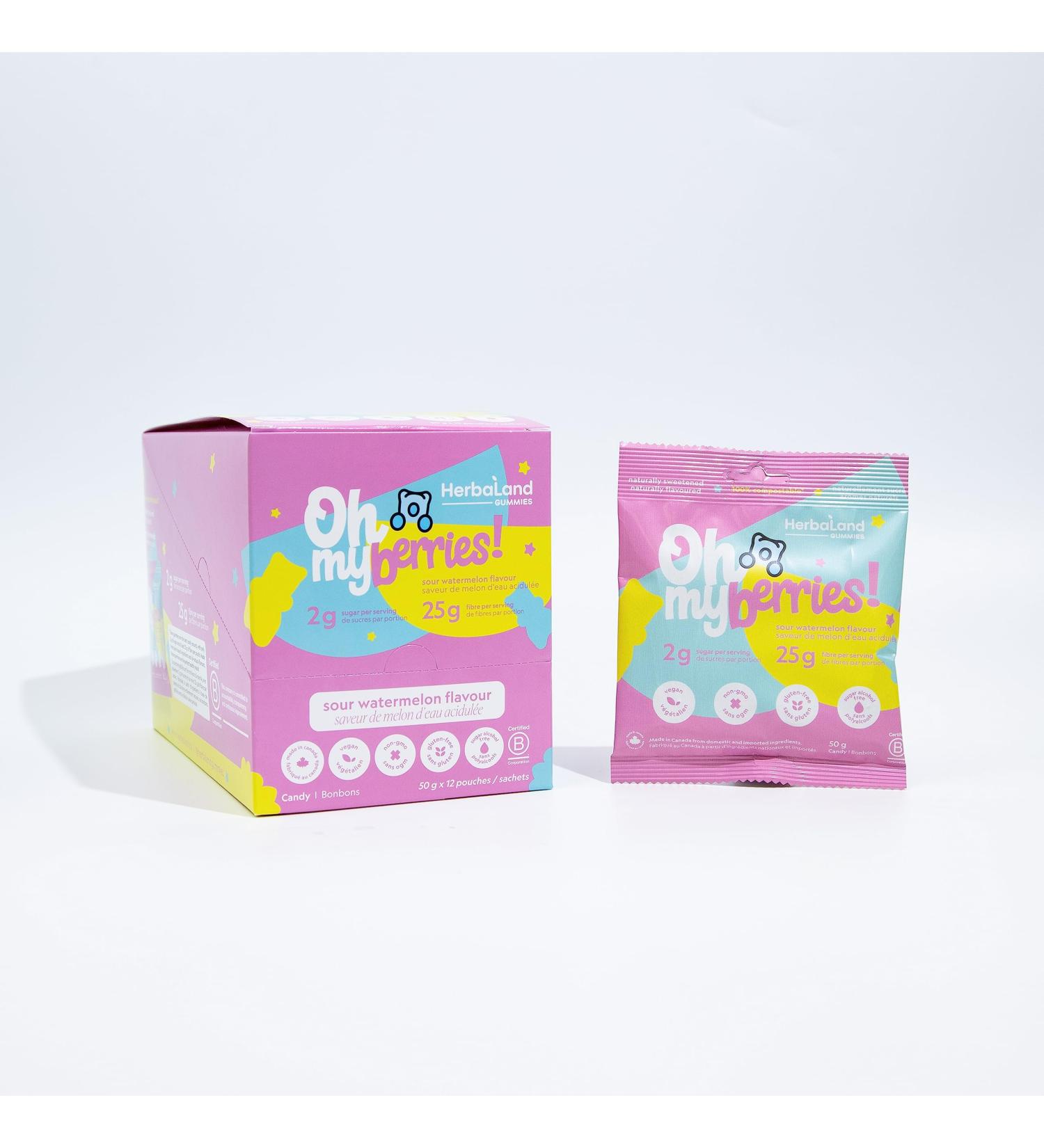 Herbaland Oh My! Gummies Snacks Low-Sugar High-Fiber Vegan Gluten-Free 12 x 50g (Box of 12) Compostable Pouch Sour Watermelon Flavor - Buy Online on GoSupps.com