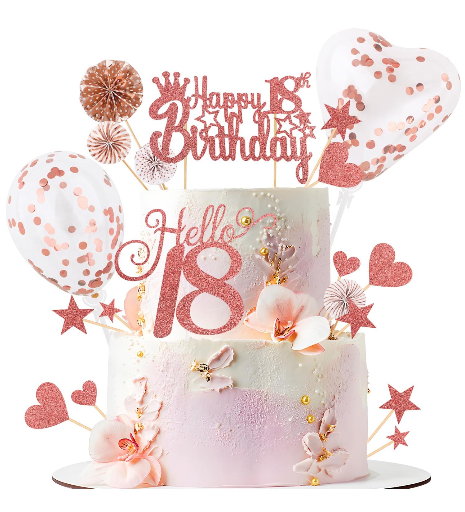 18pcs Birthday Cake Decoration Rose Gold Happy Birthday Cake Toppers with Stars Heart Glitter Cupcake Topper Confetti Balloons Paper Fans for 18th Birthday Party Decor - Buy Online on GoSupps.com