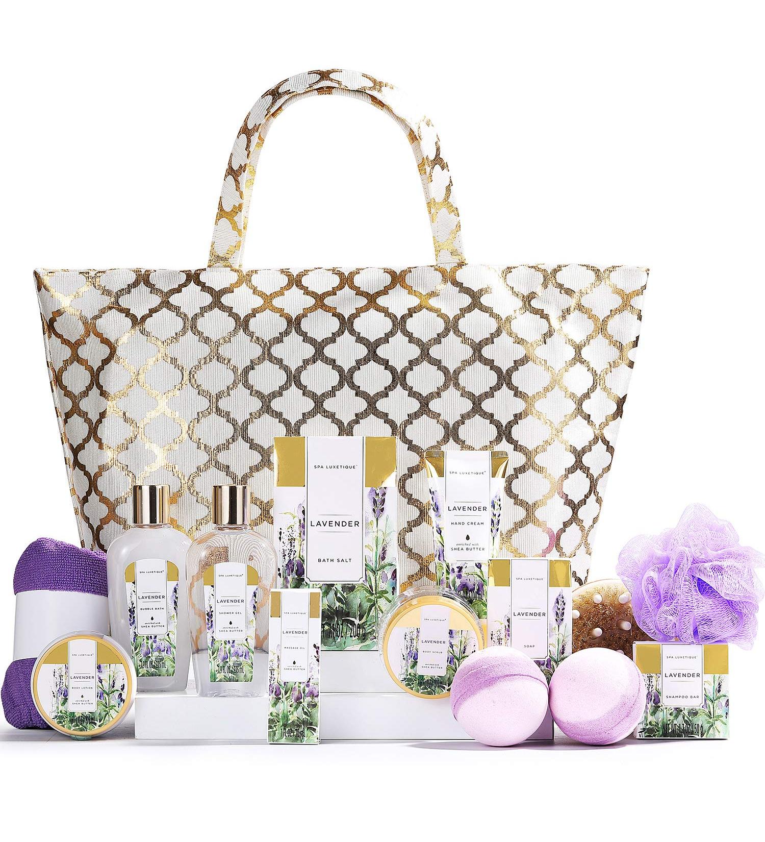 Spa Luxetique Lavender Gift Set for Women - 15pcs Relaxing Spa Kit with Bubble Bath, Bath Bombs, Massage Oil - Perfect Spa Gift Basket for Her - Buy Online on GoSupps.com