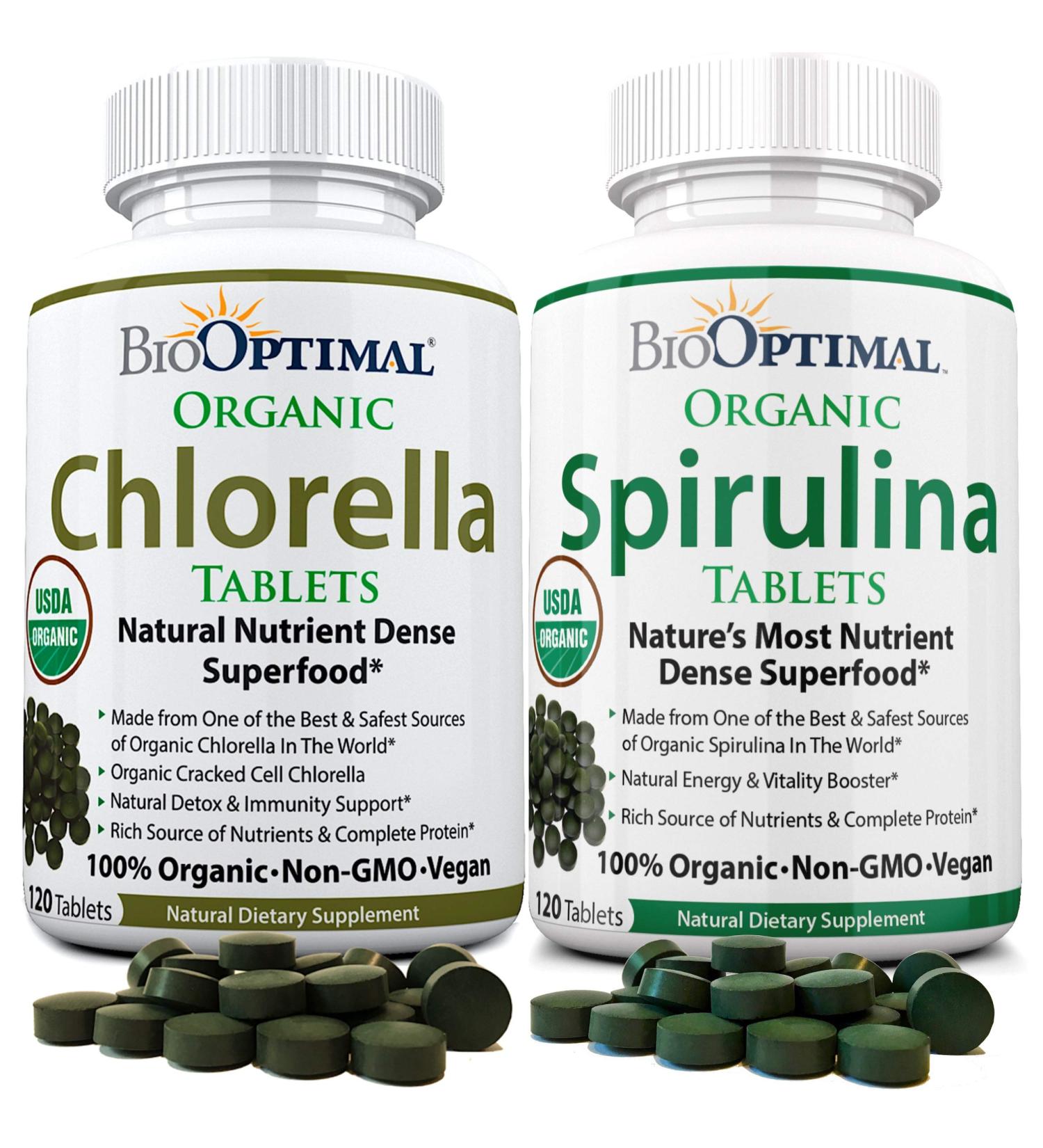 BioOptimal Chlorella Spirulina - Bundle - Organic Chorella Tablets & Organic Spirulina Tablets 120 Count Each Premium Quality 4 Organic Certifications - Buy Online on GoSupps.com