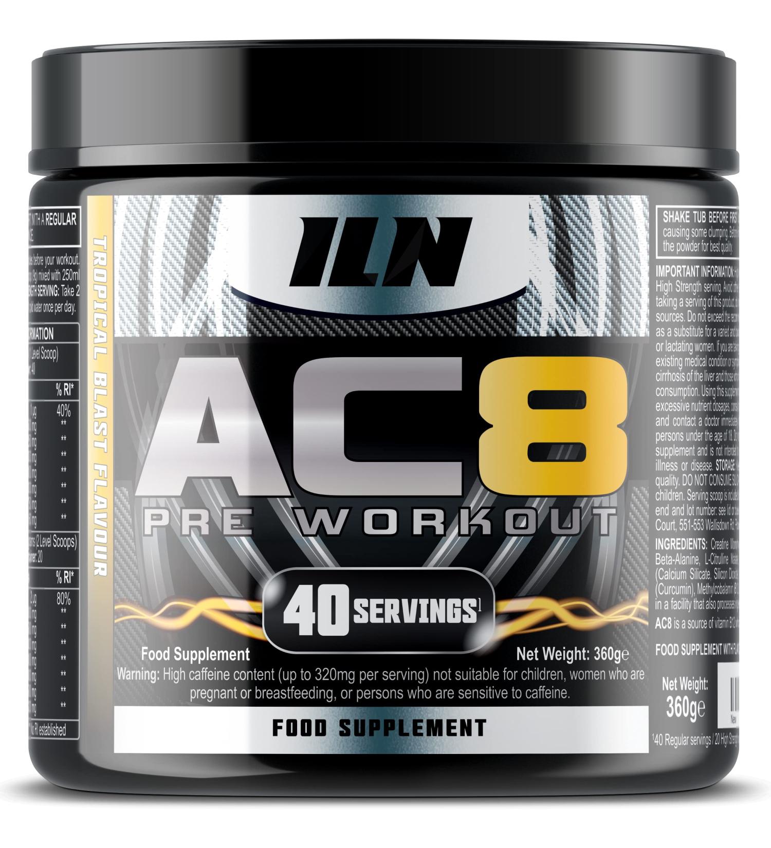 AC8 Pre Workout Powder - Preworkout Supplement for Men and Women with Creatine and Caffeine - 360g (Tropical Blast) - Buy Online on GoSupps.com