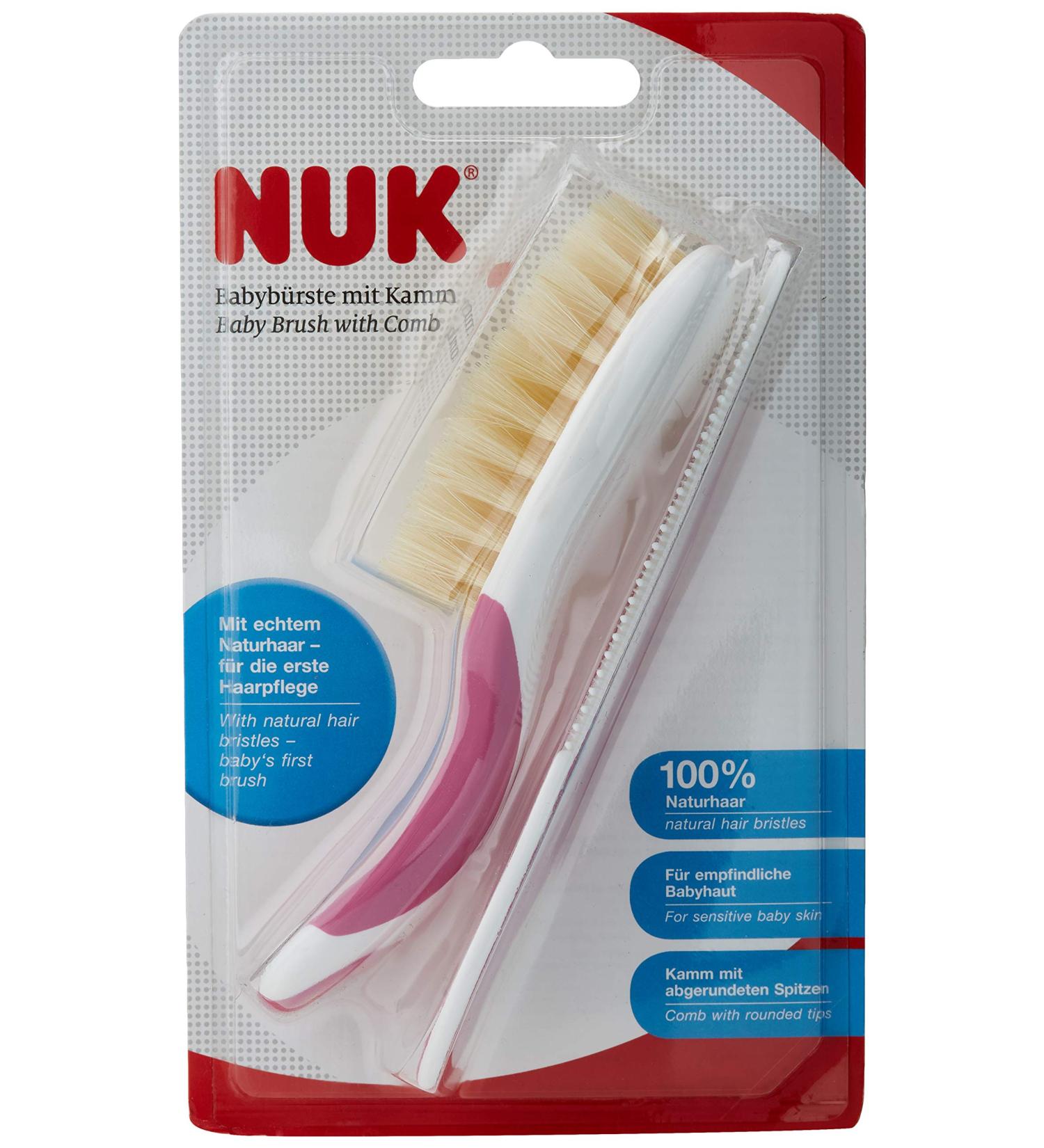 NUK Baby Brush with 100% Natural Hair & Rounded Tip Comb - Pink Rosa | International Shipping - Buy Online on GoSupps.com
