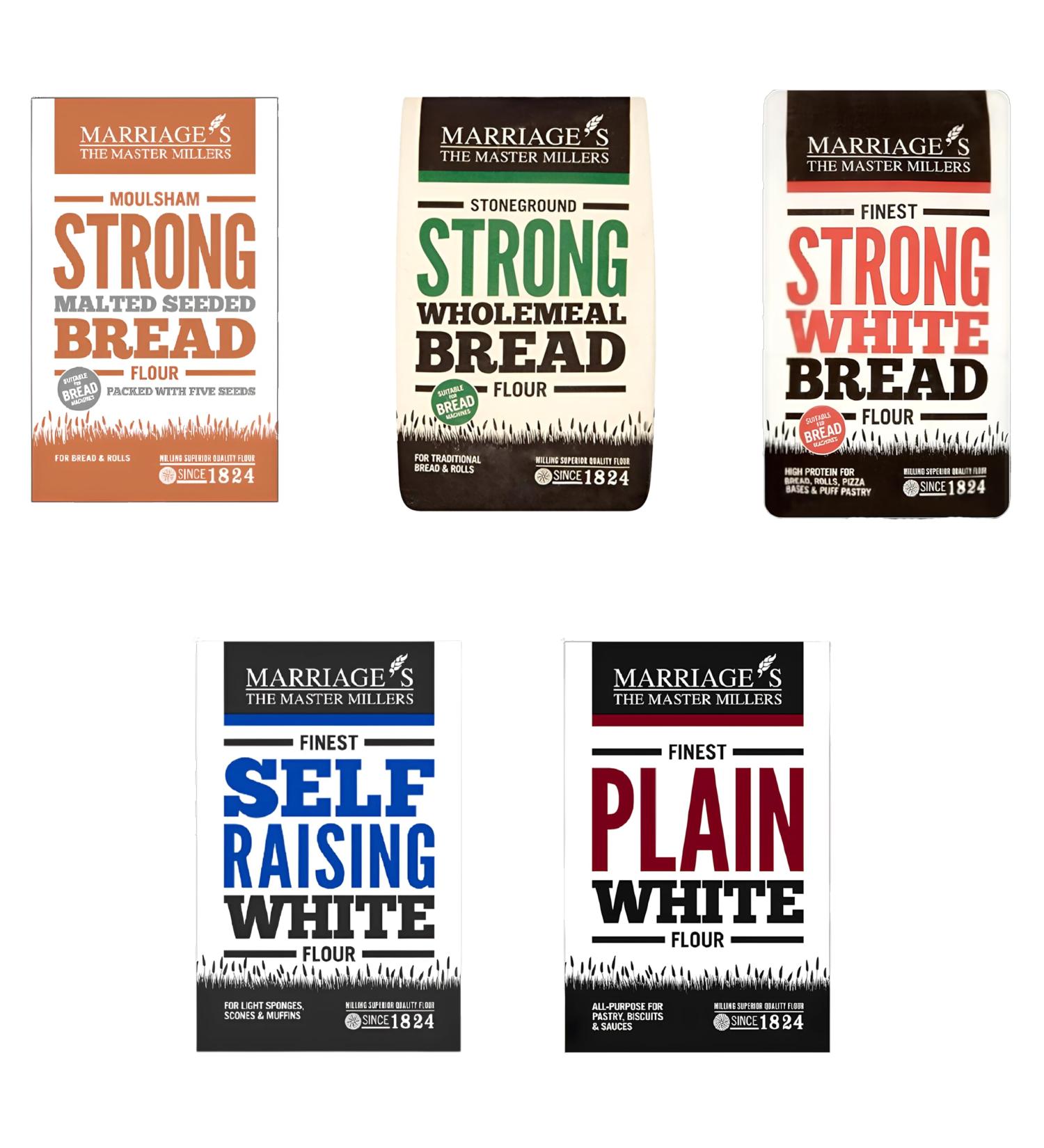 Marriages Flour Pick N Mix | Choose From 5 Flavours | Strong White Bread Plain-White Self Raising-White Strong-Stoneground Moulsham-Strong Malted - Pack of 4 - Buy Online on GoSupps.com