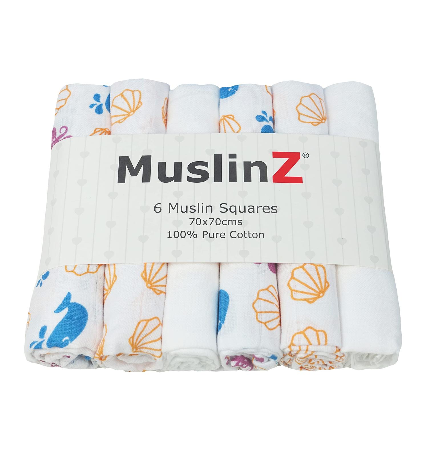 MuslinZ 6pk Baby Muslin Squares Burp Cloths, Dribble Cloth, Breastfeeding Cover - Sealife Print 100% Pure Cotton 70x70cm | Absorbent & Breathable - Buy Online on GoSupps.com