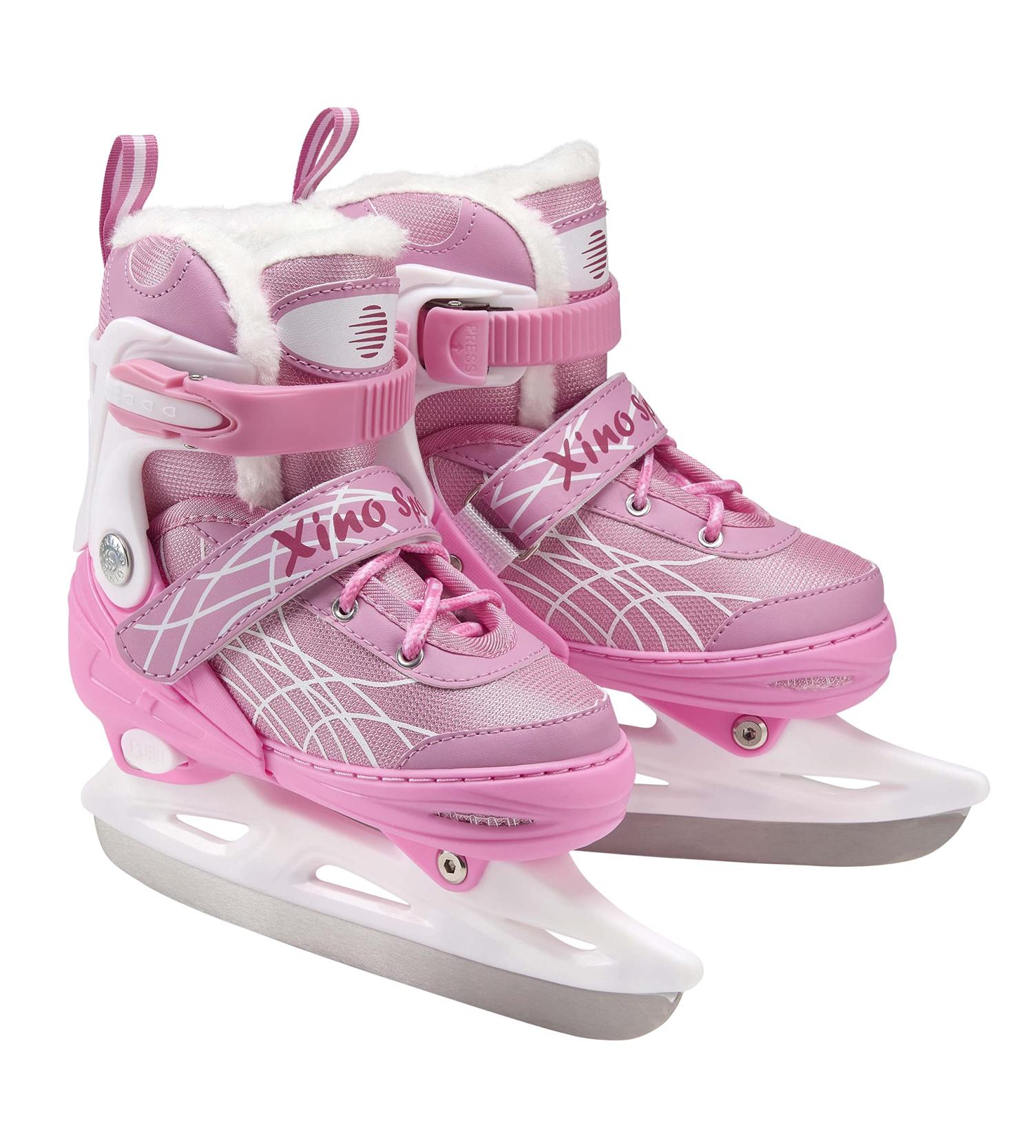 Xino Sports Deluxe Adjustable Ice Skates - Black/Pink, Faux Fur Padding, Reinforced Ankle Support - Pink Small Junior 13-3 - Buy Online on GoSupps.com