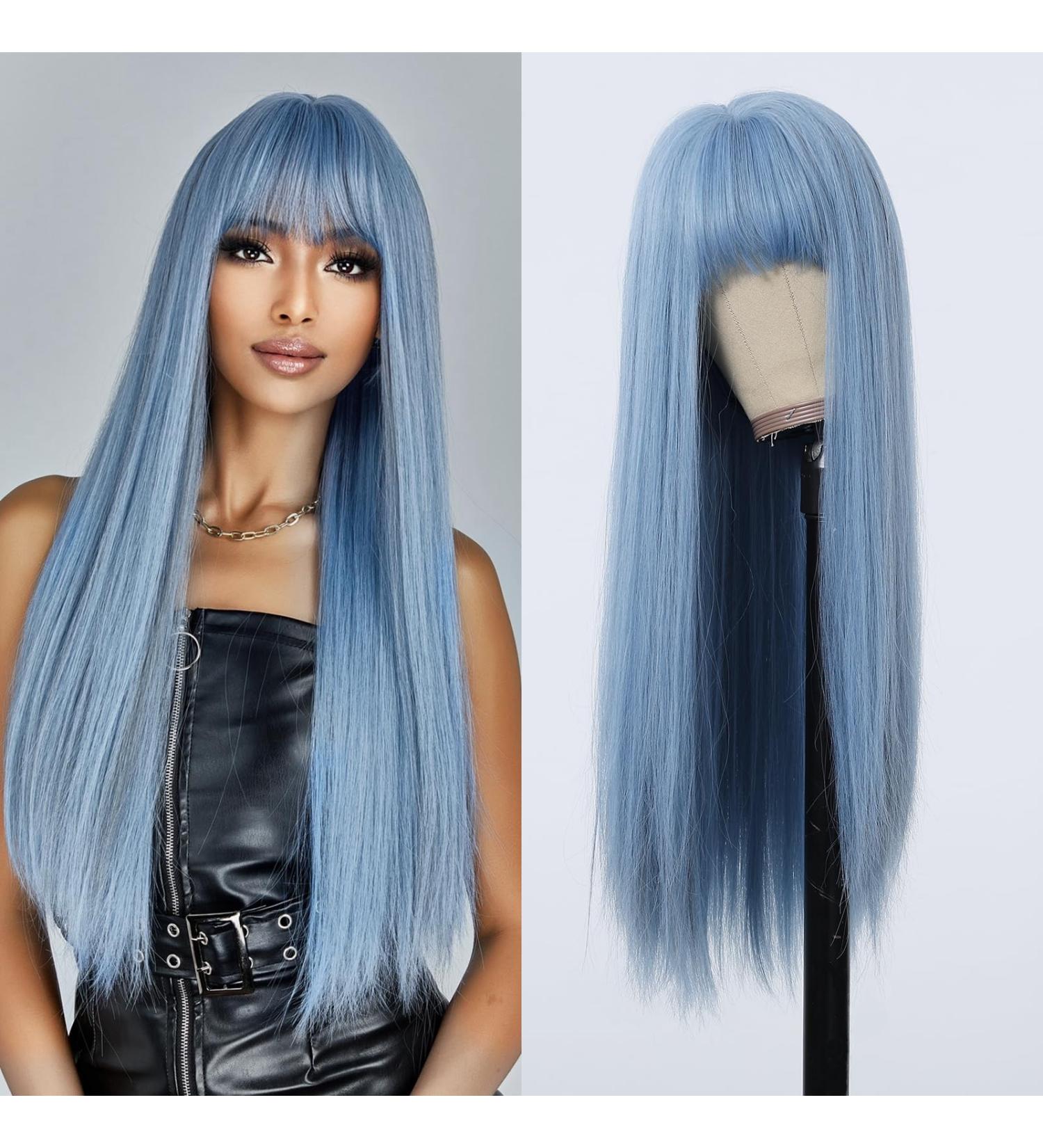 Allbell Long Straight Blue Wig for Women - Synthetic Wig with Bangs | Perfect for Cosplay & Everyday Wear - Buy Online on GoSupps.com