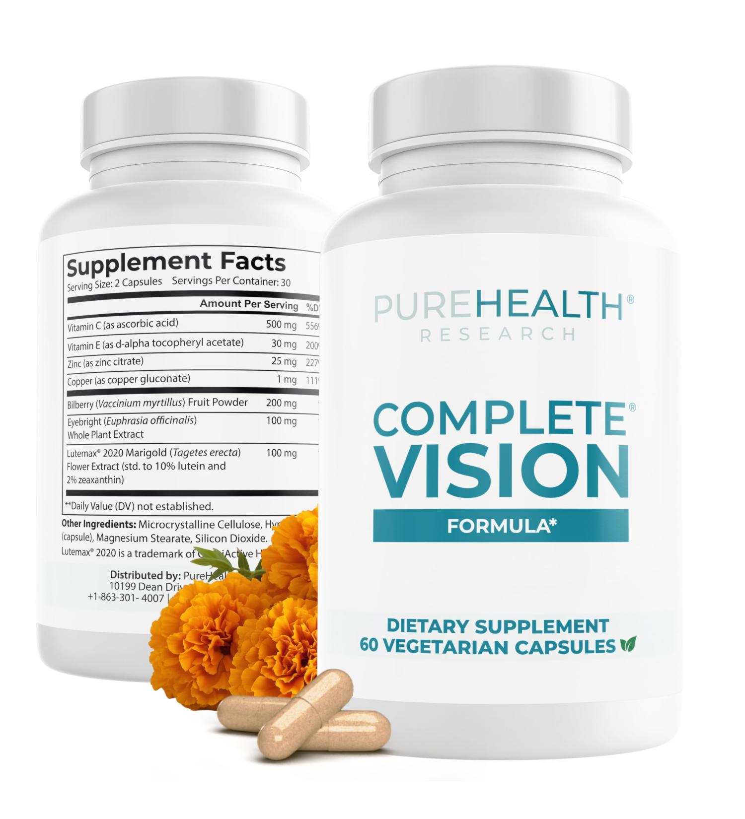 PUREHEALTH RESEARCH Complete Vision Formula - Eye Vitamins & Mineral Supplement - Lutein and Zeaxanthin Supplements for Men & Women - with Eyebright Herb Zinc Copper Bilberry & More - 60 Capsules - Buy Online on GoSupps.com