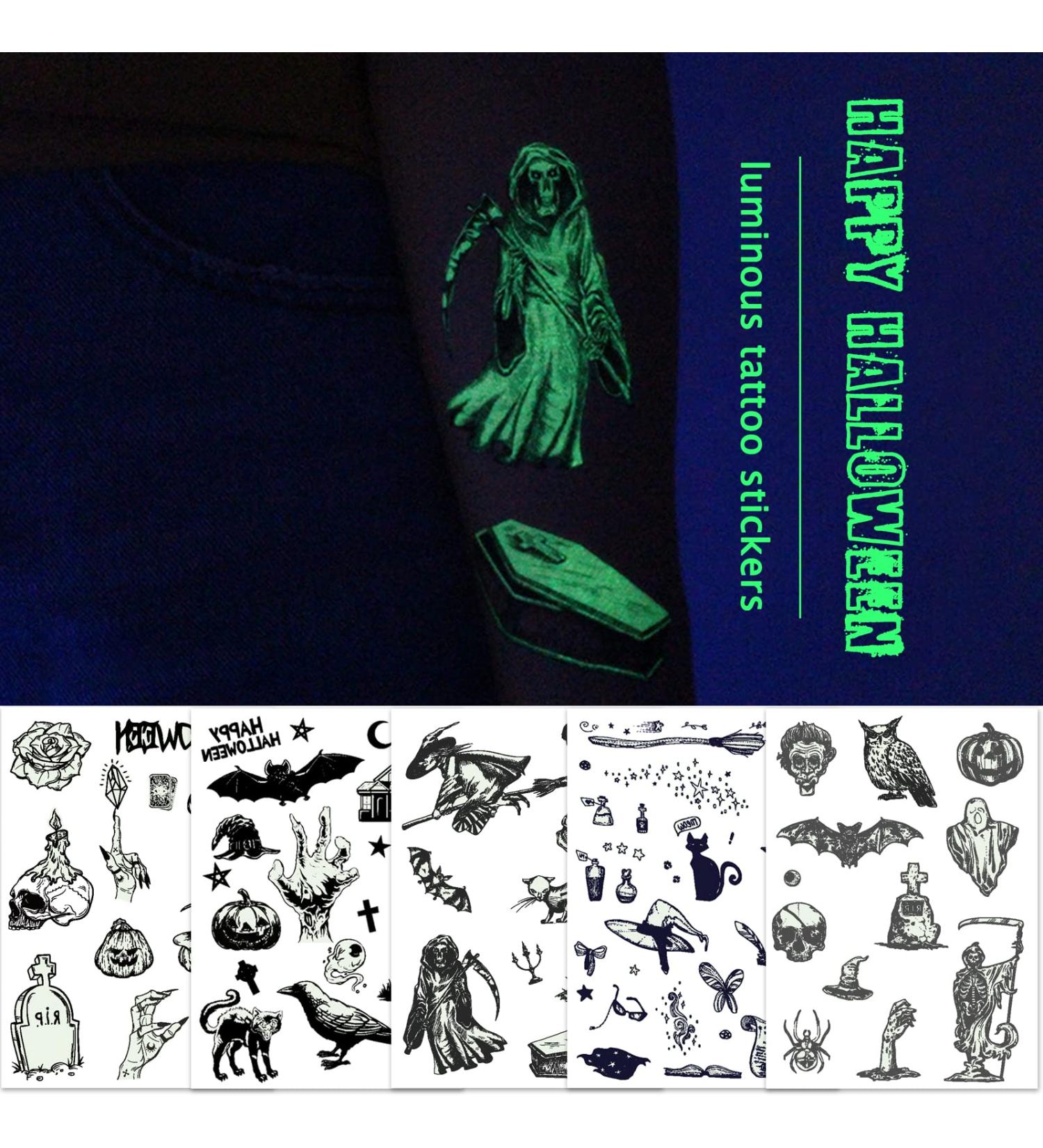 YOKSAS Halloween Gothic Witch Luminous Temporary Tattoos - 5 Sheets Glow in The Dark Horror Face Makeup for Halloween Day of the Dead - Buy Online on GoSupps.com