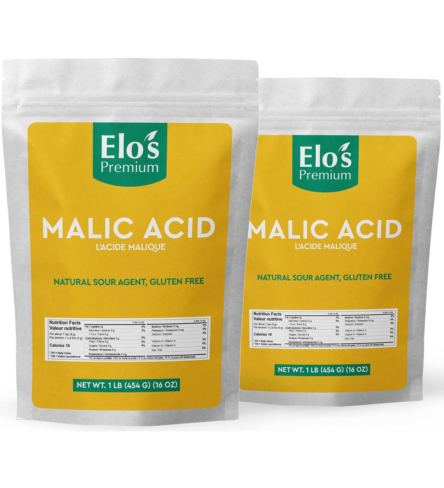 Malic Acid Powder by Elo s Premium (2LB / 904 g Total) (2 Pack x 1 lb) Packaged in Canada Gluten Free Food Grade Natural Sour Agent for Candy Wine Potato Chips Recipes and More - Buy Online on GoSupps.com