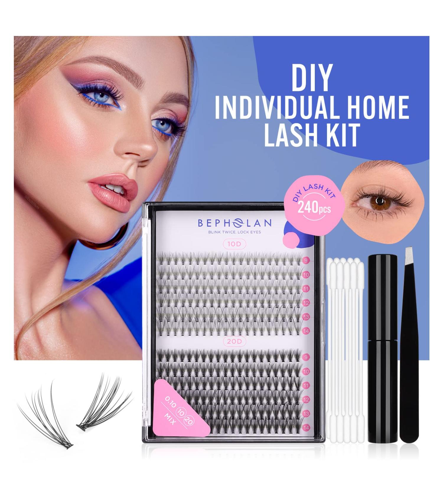 BEPHOLAN Cluster Lashes Kit | DIY Eyelash Extensions 0.10mm | 10&20 Mixed Length | Includes Glue & Tweezers | Easy for Beginners - Buy Online on GoSupps.com