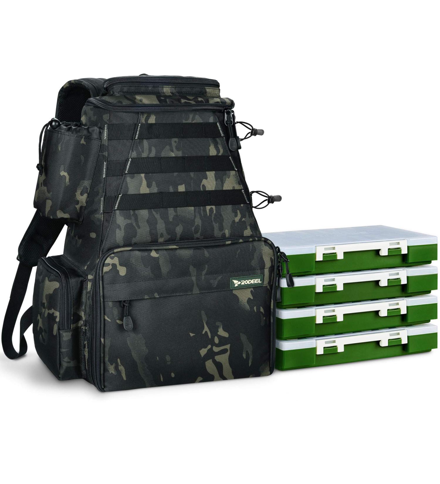 Rodeel Fishing Tackle Backpack with 2 Rod Holders and 4 Tackle Boxes - Large Storage for Trout Fishing and Outdoor Sports - A.Black Camouflage Bag - Buy Online on GoSupps.com