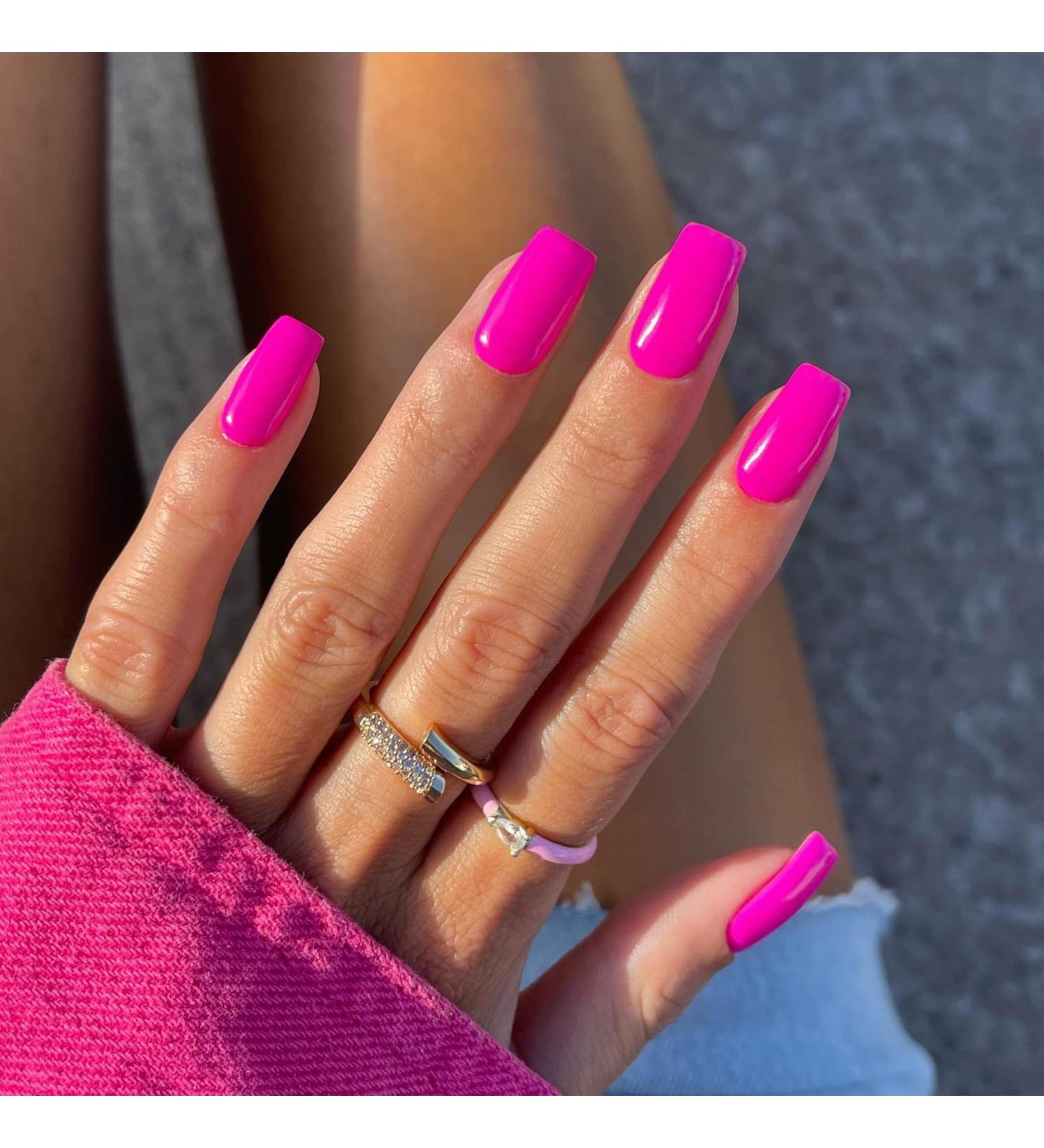 Hot Pink Medium Length Press On Nails Kit - 24PCS Square Fake Nails Set for Women - Summer Acrylic Glue On Nail Extensions - Buy Online on GoSupps.com