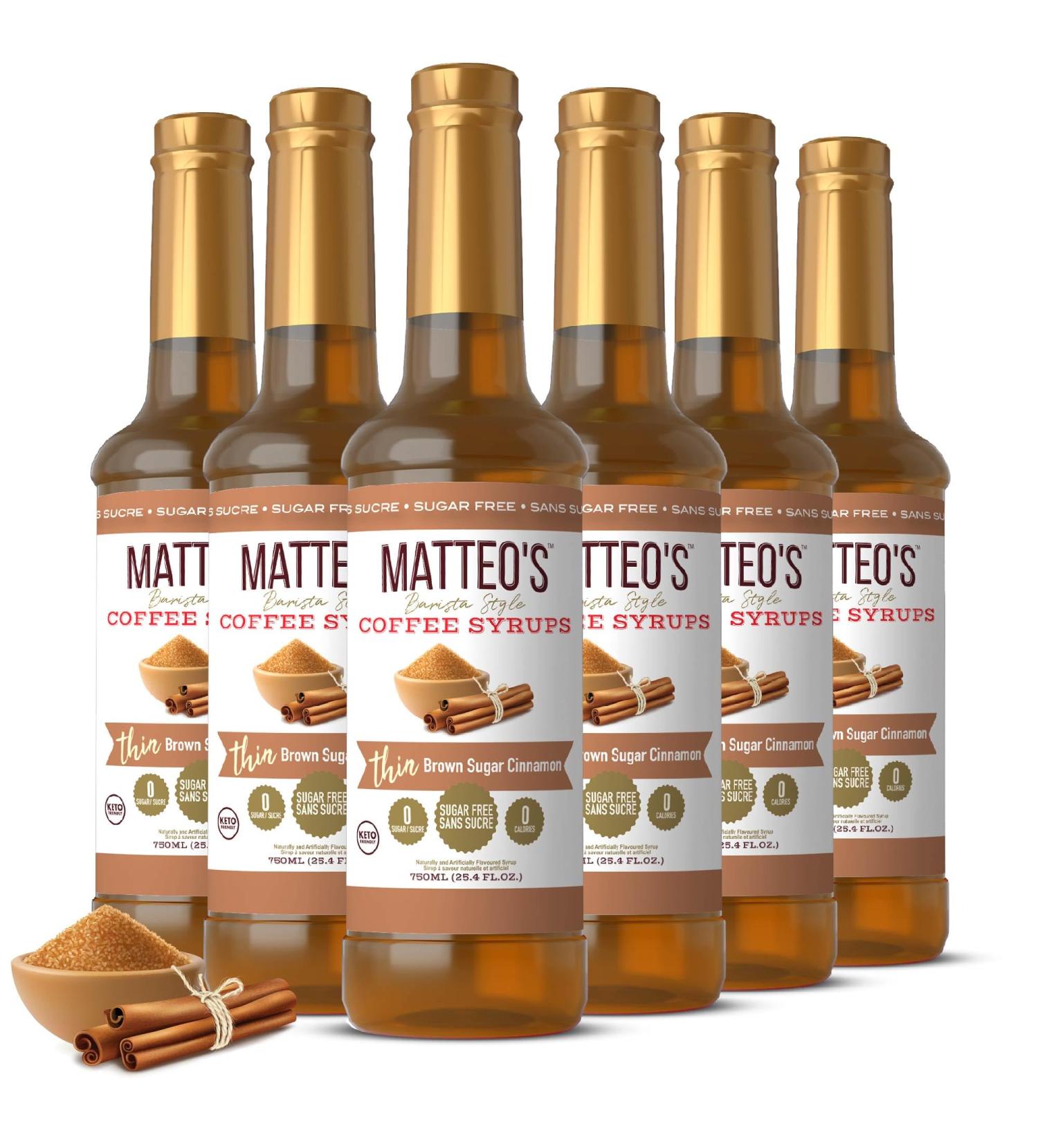 Matteo's Barista Style Sugar-Free Coffee Syrup Brown Sugar Cinnamon Flavor Zero Calories and Sugar Keto Friendly Ideal for Lattes Cappuccinos Espresso Americano Indulgent Taste 25.4 Oz 6-Pack 750 ml (Pack of 6) - Buy Online on GoSupps.com