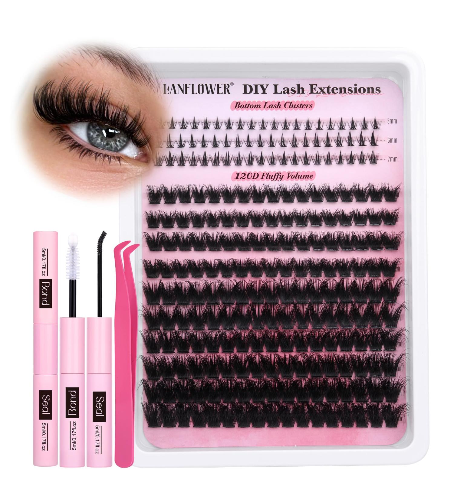 Lanflower Lash Clusters Kit - 120D Thick Volume Waterproof Eyelash Extensions with Bottom Lashes | Fluffy D Curl Individual Lashes (10-18mm) - Ideal for International Shipping - Buy Online on GoSupps.com