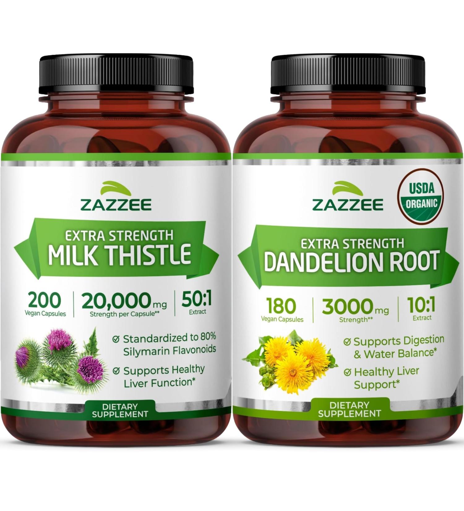 Zazzee USDA Organic Dandelion & Milk Thistle Supplements | 10:1 Organic Dandelion Root Extract Plus 50:1 Milk Thistle Extract Capsules | Liver Cleanse Detox Bundle - Buy Online on GoSupps.com