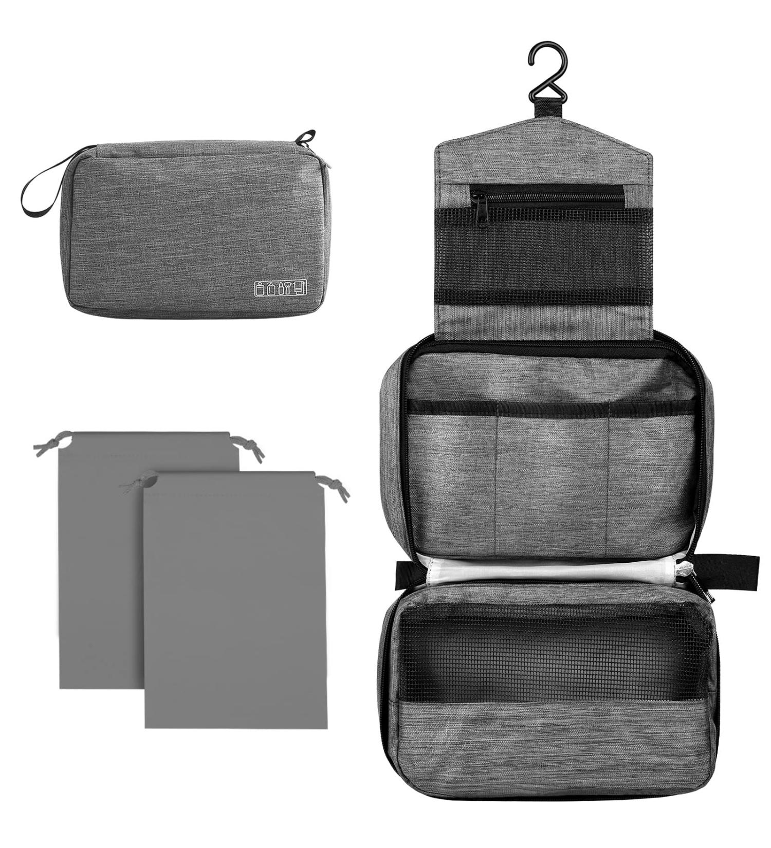 Cooja Hanging Toiletry Bag for Women - Travel Washbag with Hook & Handle, Grey - Includes 1 Toilet Bag + 2 Drawstring Bags - Buy Online on GoSupps.com