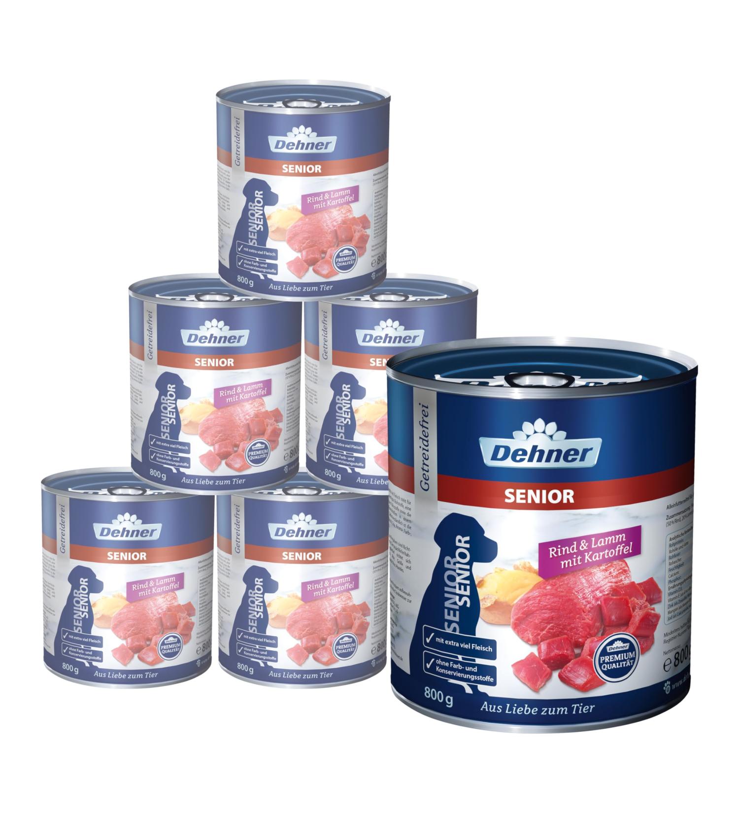 Dehner Premium dog food wet food grain free for older dogs beef / lamb / potato 6 x 800 g can (4.8 kg) senior lamb and potatoes 800 g (6 Pack)