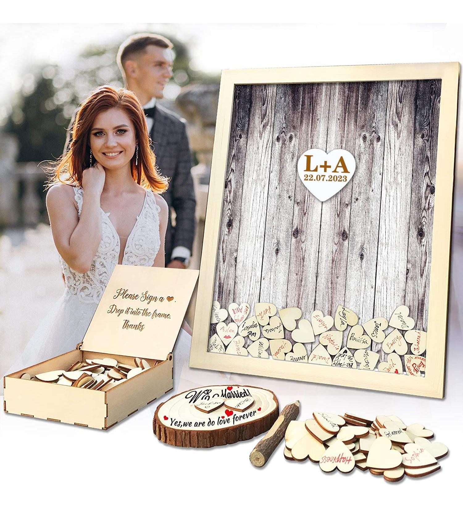 Wedding Guest Book Alternative Pen Set Sign Heart Wedding Reception Rustic for Baby Shower Birthday Part Decoration with 120 Wooden Hearts - Buy Online on GoSupps.com