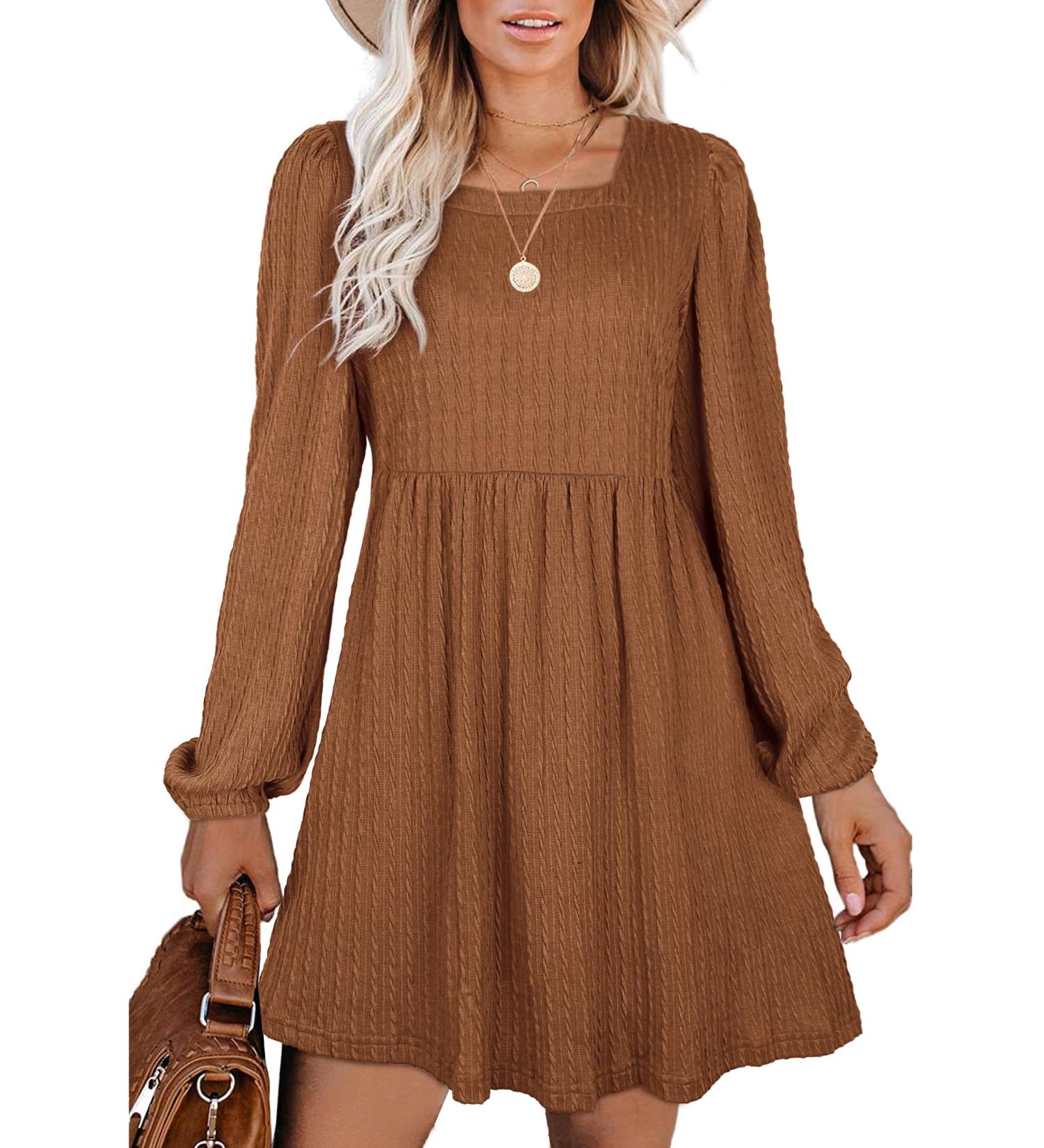 Aokosor Square Neck Long Sleeve Babydoll Knit Dress - XXL Caramel - Buy Online on GoSupps.com