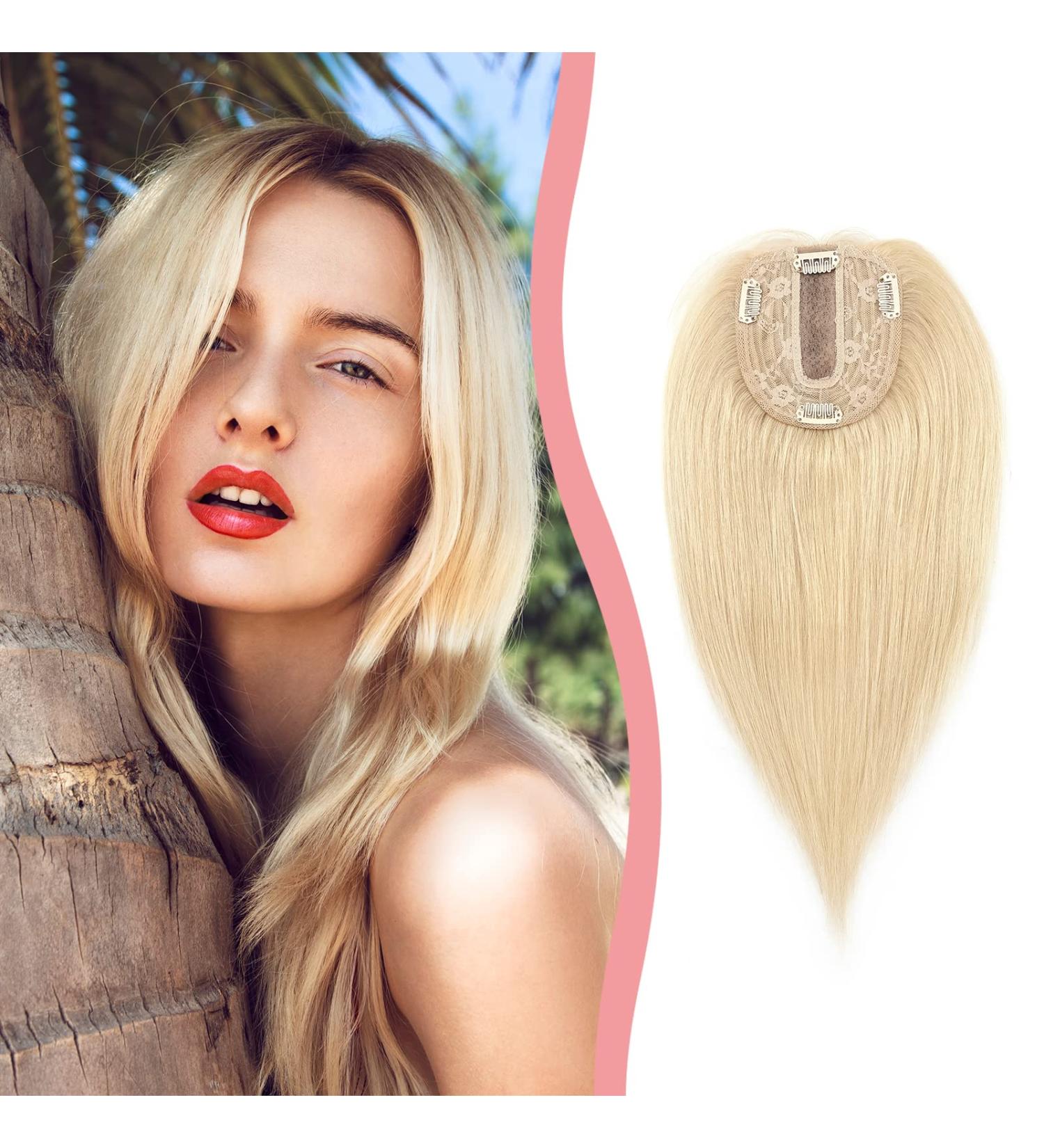 Elailite Real Hair Clip-In Toupet for Women | Silk Base Extensions Topper | 130% Density Remy Hair | 6-15cm Length | #613 Bleached Blonde - Buy Online on GoSupps.com