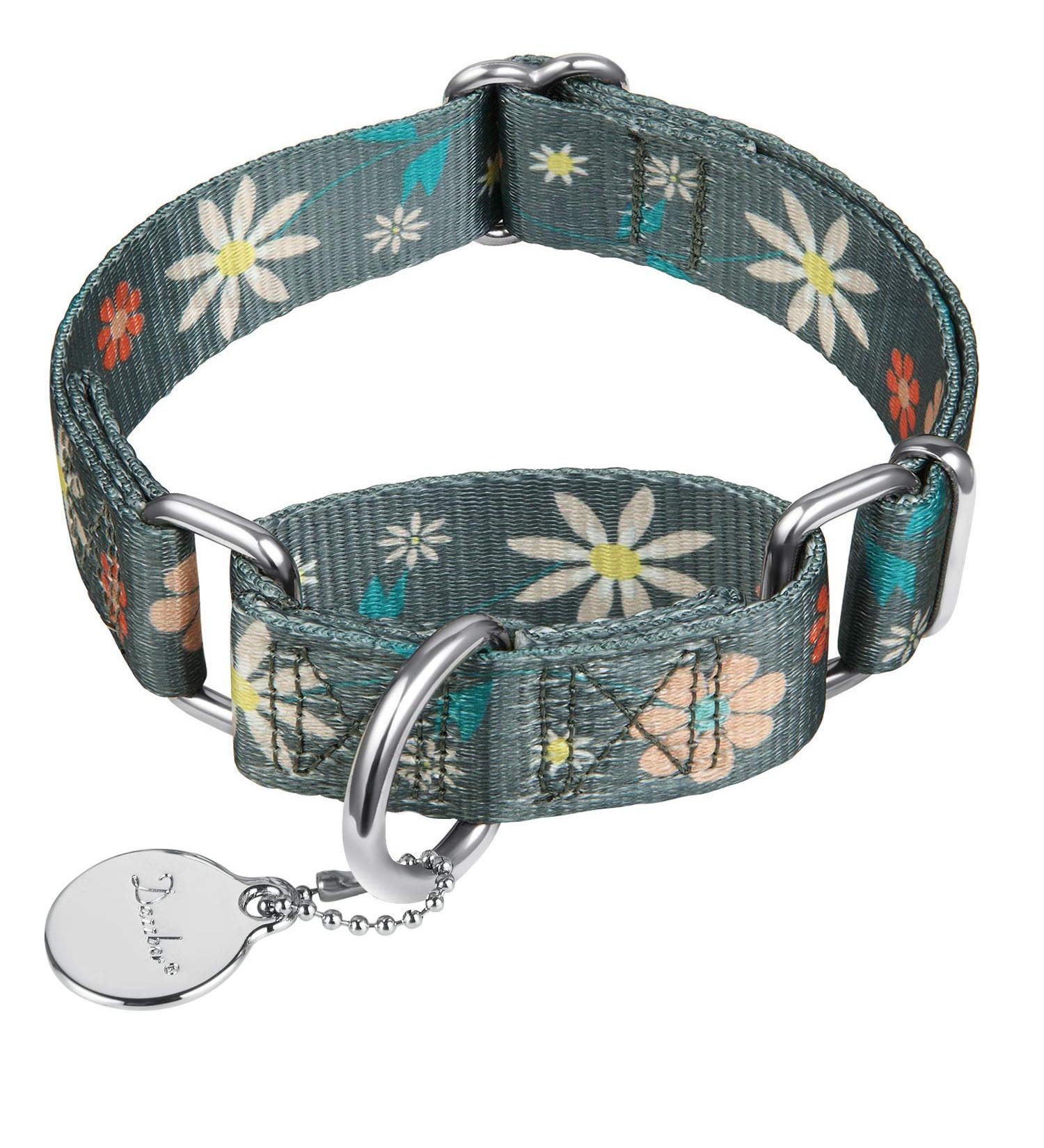 Durable Adjustable Martingale Dog Collar - No Pull Floral Design Large 43.2-63.3 cm 1 Inch Wide - Elegant Warm Gray - Buy Online on GoSupps.com