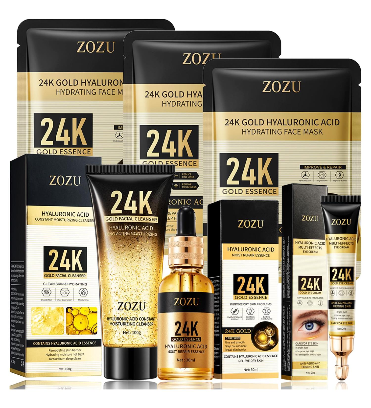 24K Facial Skin Care Set for Women | Cleanser Serum Eye Cream & Mask | Hydrating Anti-Aging Routine | Ideal for Dry Skin - Buy Online on GoSupps.com