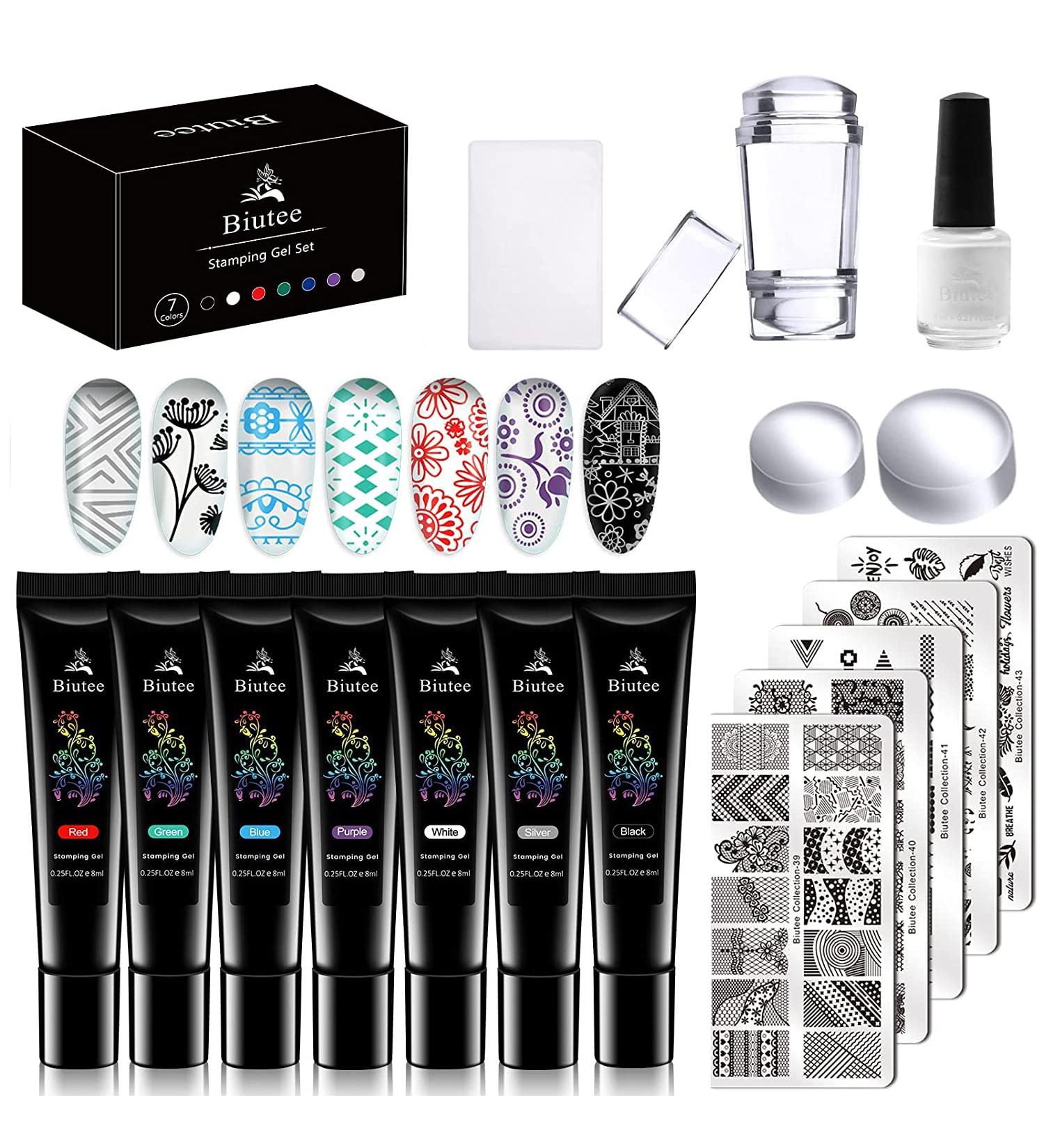 SEISSO Nail Stamping Gel Polish Set with 7 Colors + Templates, Latex Tape, Stamper & Scraper - Nail Art and Manicure Collection - Buy Online on GoSupps.com