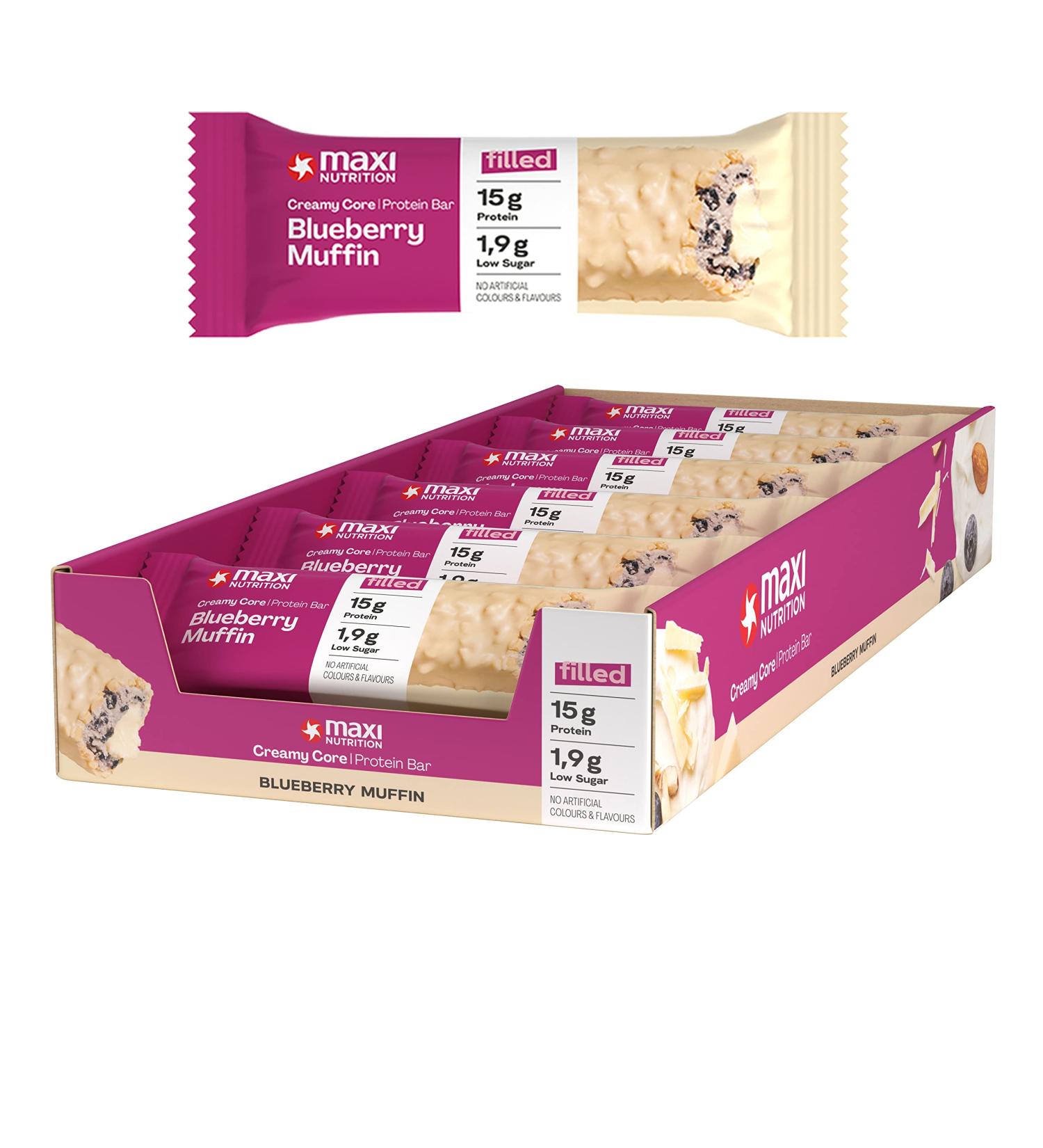Maxinutrition Creamy Core Blueberry Muffin Protein Bar 12x45g - 33% Protein Low Sugar No Artificial Flavors Healthy Snack - International Shipping Available - Buy Online on GoSupps.com