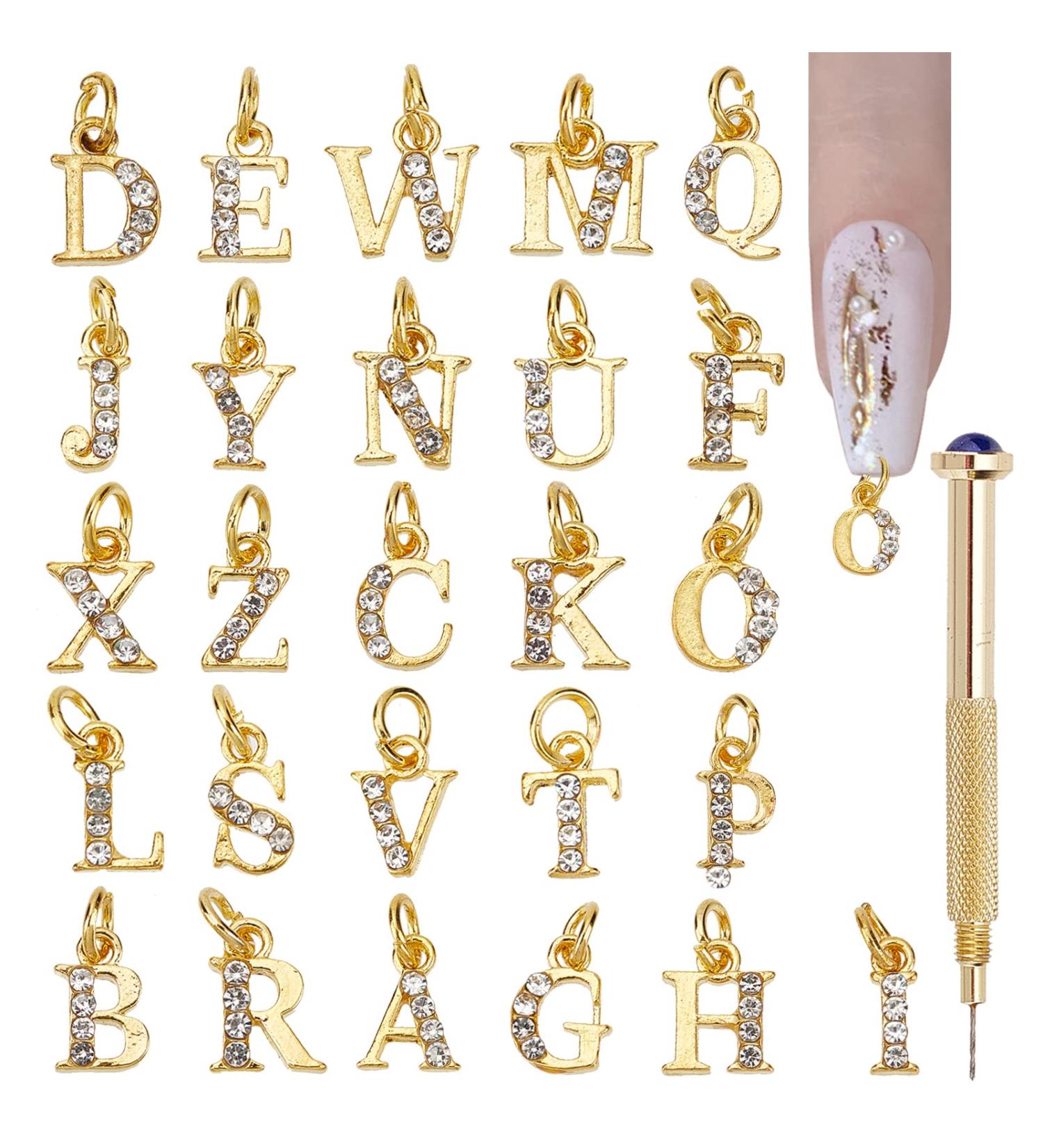 NICENEEDED 26Pcs A-Z Rhinestone Alphabet Nail Charms Gold Letter Dangles with Nail Piercing Tool 3D Alloy English Letters Nail Pendants for Nail Decor DIY Earrings Jewelry Bracelet - Buy Online on GoSupps.com