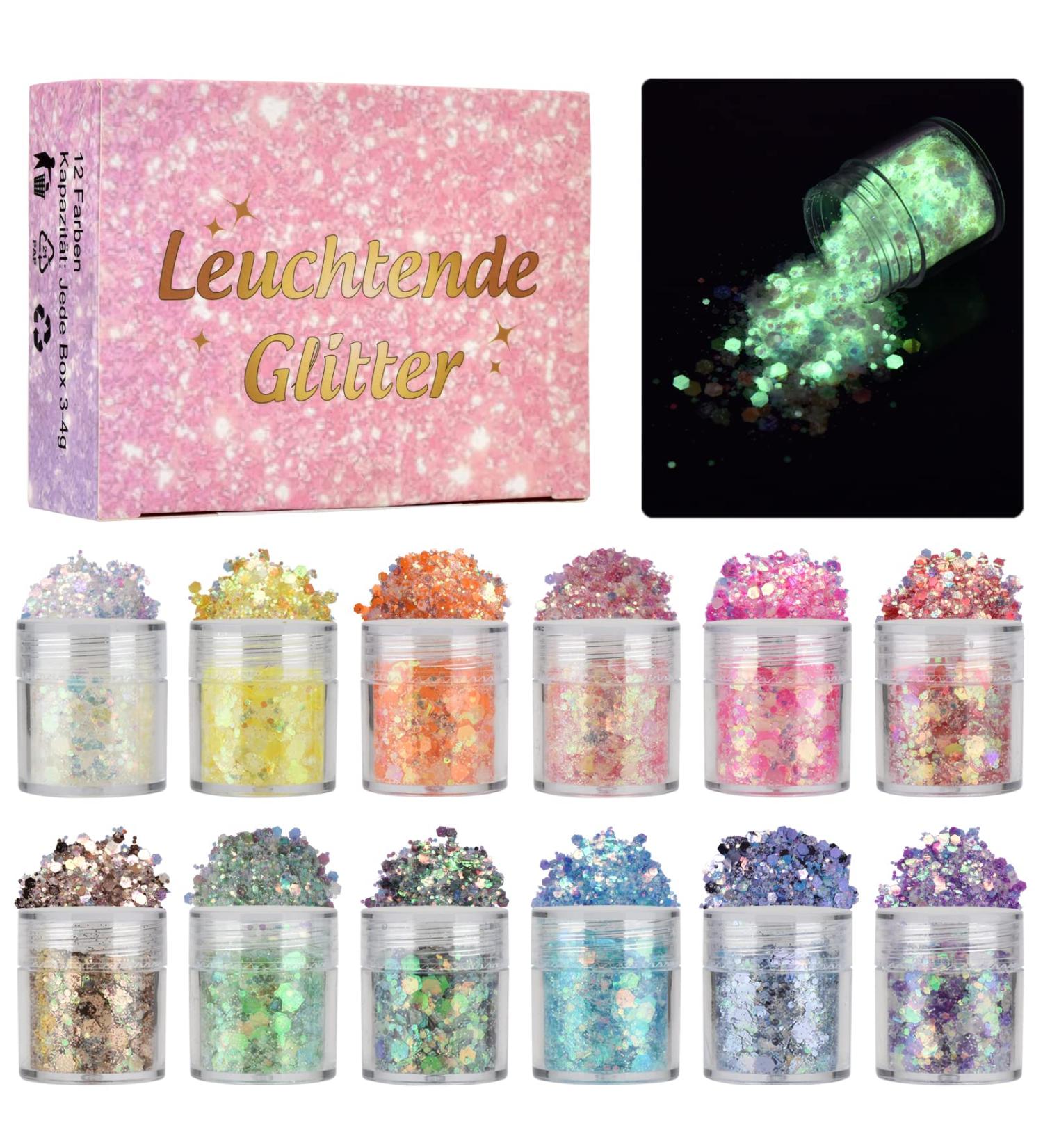 Dealkits 12 Color Fluorescent Chunky Sequin Festival Body Glitter - Glitter Powder Set for Face Nails Eyes & Hair | Perfect for Masquerade Parties & DIY Crafts - Buy Online on GoSupps.com