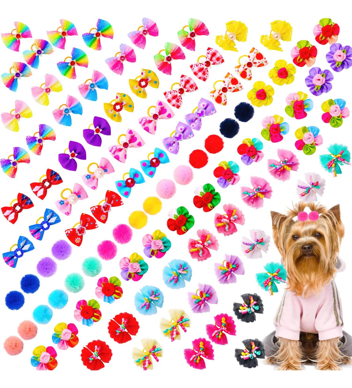 100pcs Small Dog Hair Bows with Rubber Bands | Handmade Multicolor Pet Grooming Accessories | Perfect for Cats, Dogs, and Rabbits - Buy Online on GoSupps.com