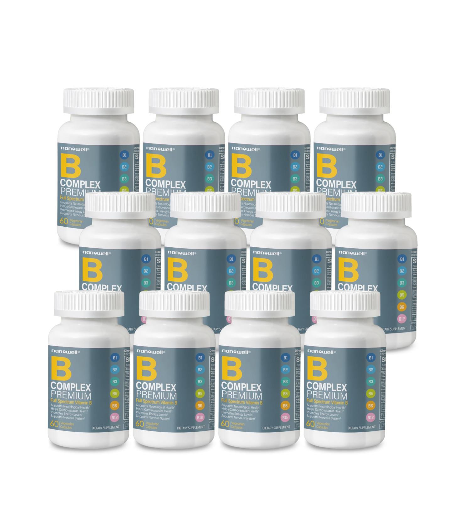 NANOWELL B Complex Premium(12BOXES) - Full Spectrum of B Vitamins for Energy Heart & Immune Support - B-Complex Supplement with Adaptogens - 60 Capsules 60-Day Supply X12 - Buy Online on GoSupps.com