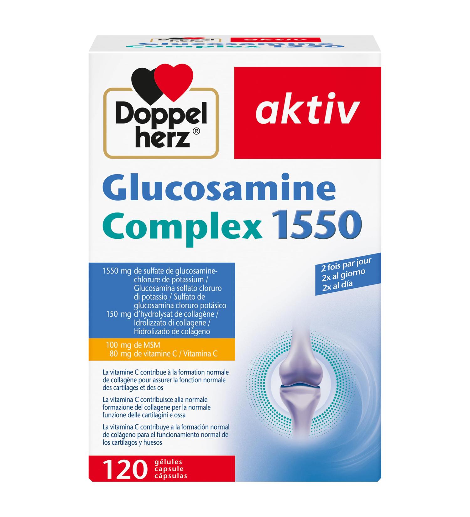 Doppelherz Glucosamine Complex 1550 - Collagen + MSM + Vitamin C - as a contribution to normal collagen formation for normal cartilage function - 120 capsules - Buy Online on GoSupps.com