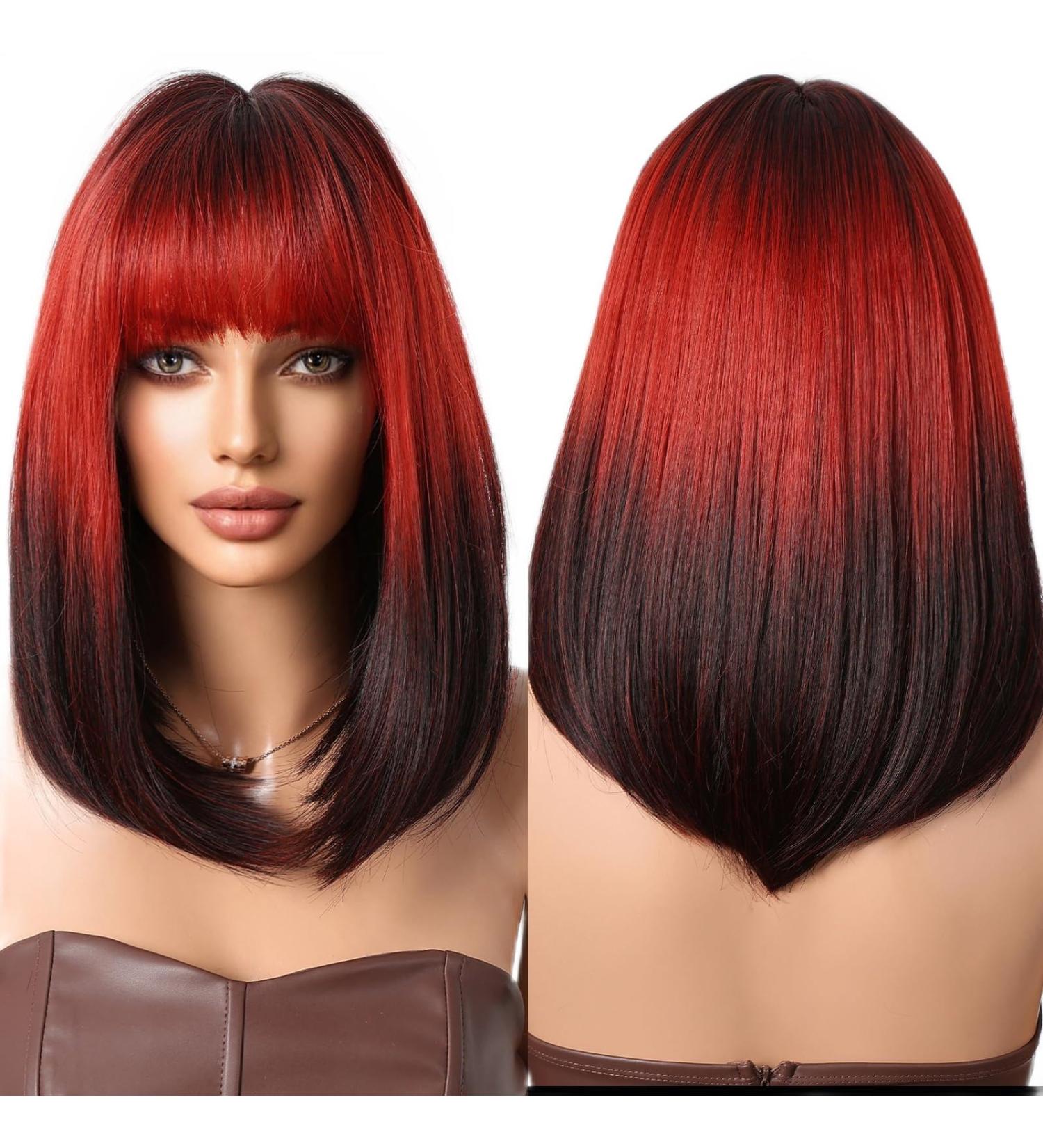 Testar 14-Inch Ombre Red Black Bob Wig - Shoulder-Length Synthetic Wigs for Women | Perfect for Daily Use & Cosplay - Buy Online on GoSupps.com