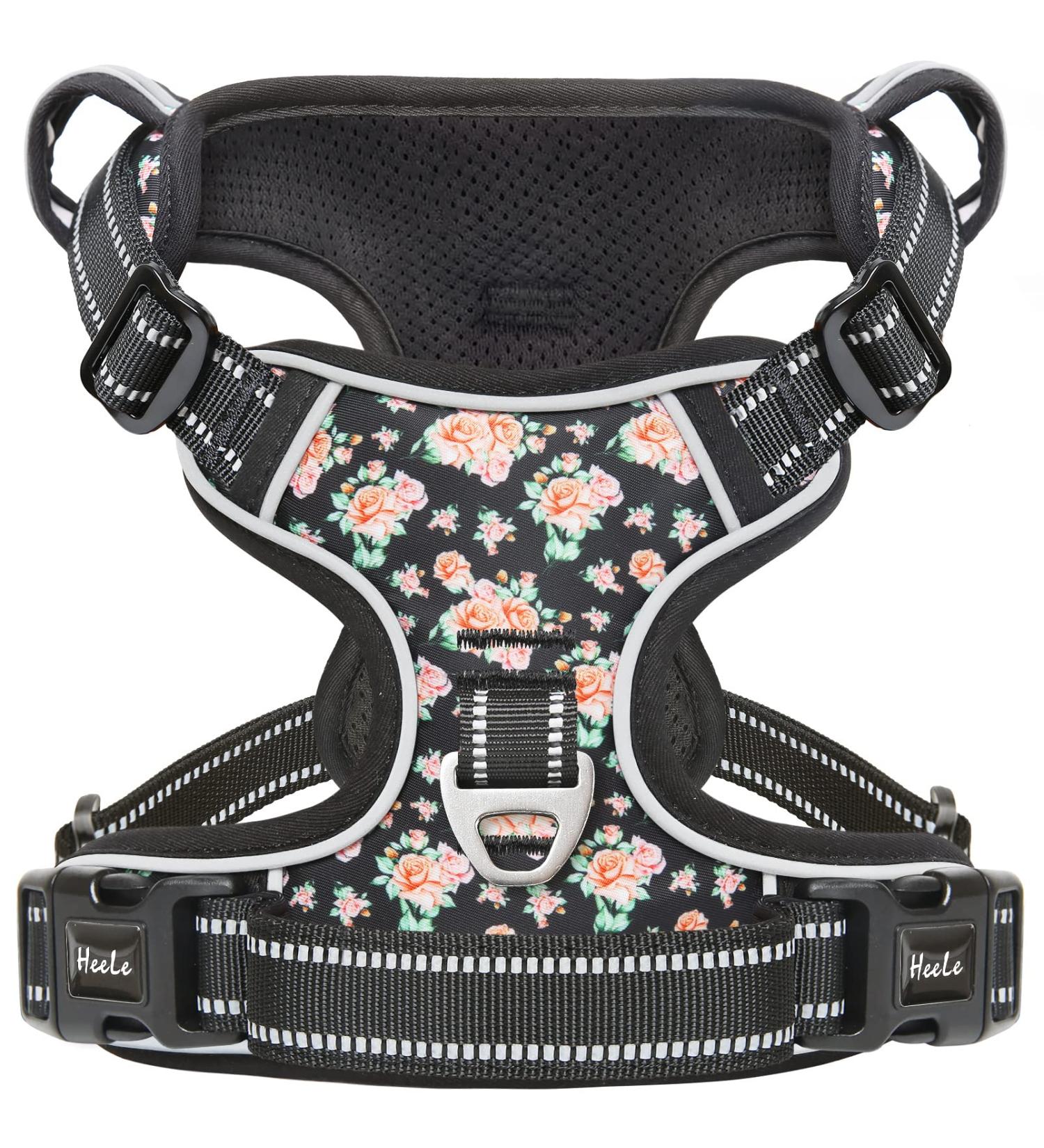 Heele Dog Crockery & No-Pull Harness | Adjustable Reflective Dog Gear for Medium-Sized Dogs - Soft & Breathable Anti-Pull Design - XS Flower Black - Buy Online on GoSupps.com
