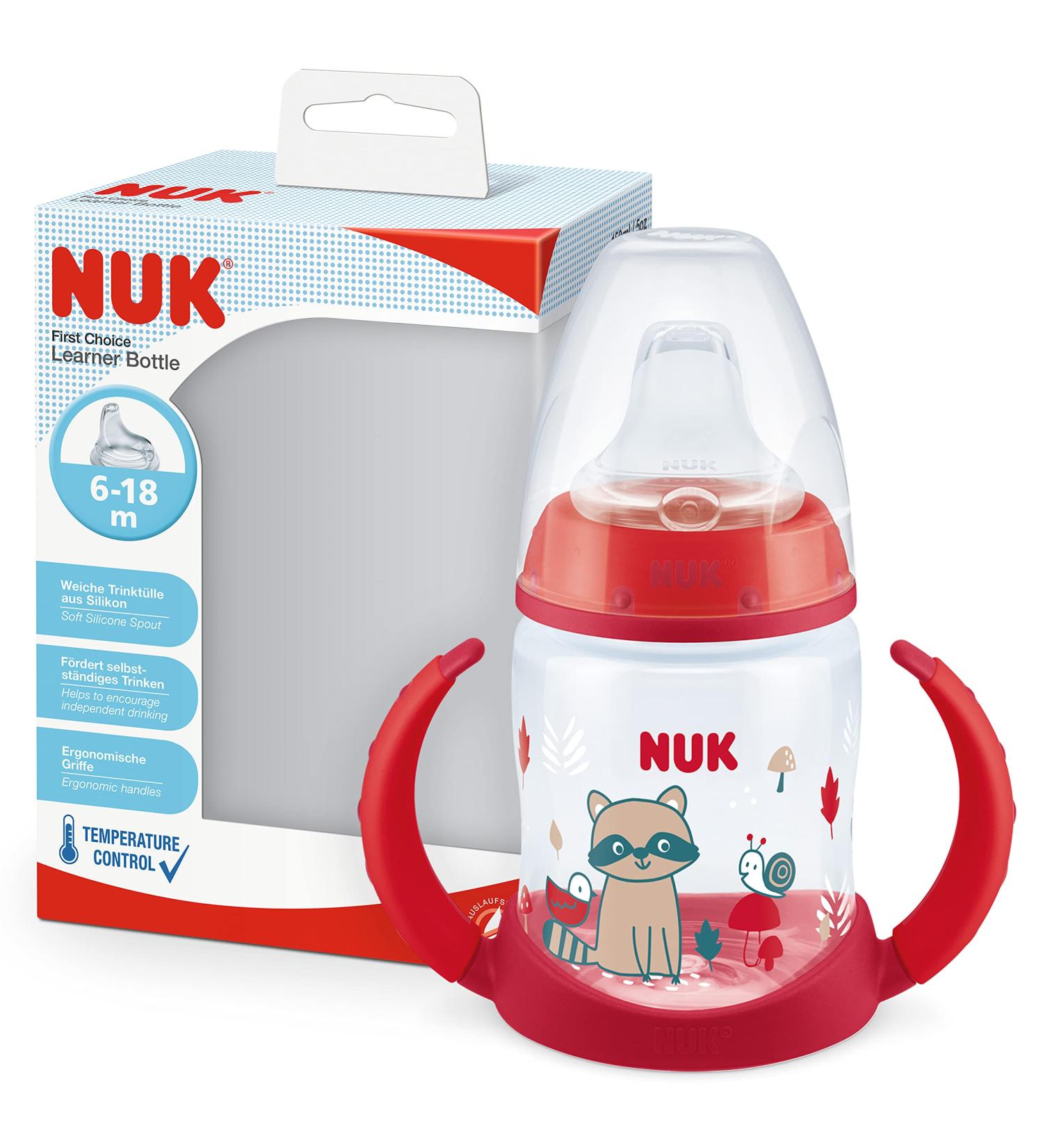 NUK First Choice+ Raccoon Red Baby Bottle - 150ml, Temp Control, BPA Free, Leakproof - Buy Online on GoSupps.com