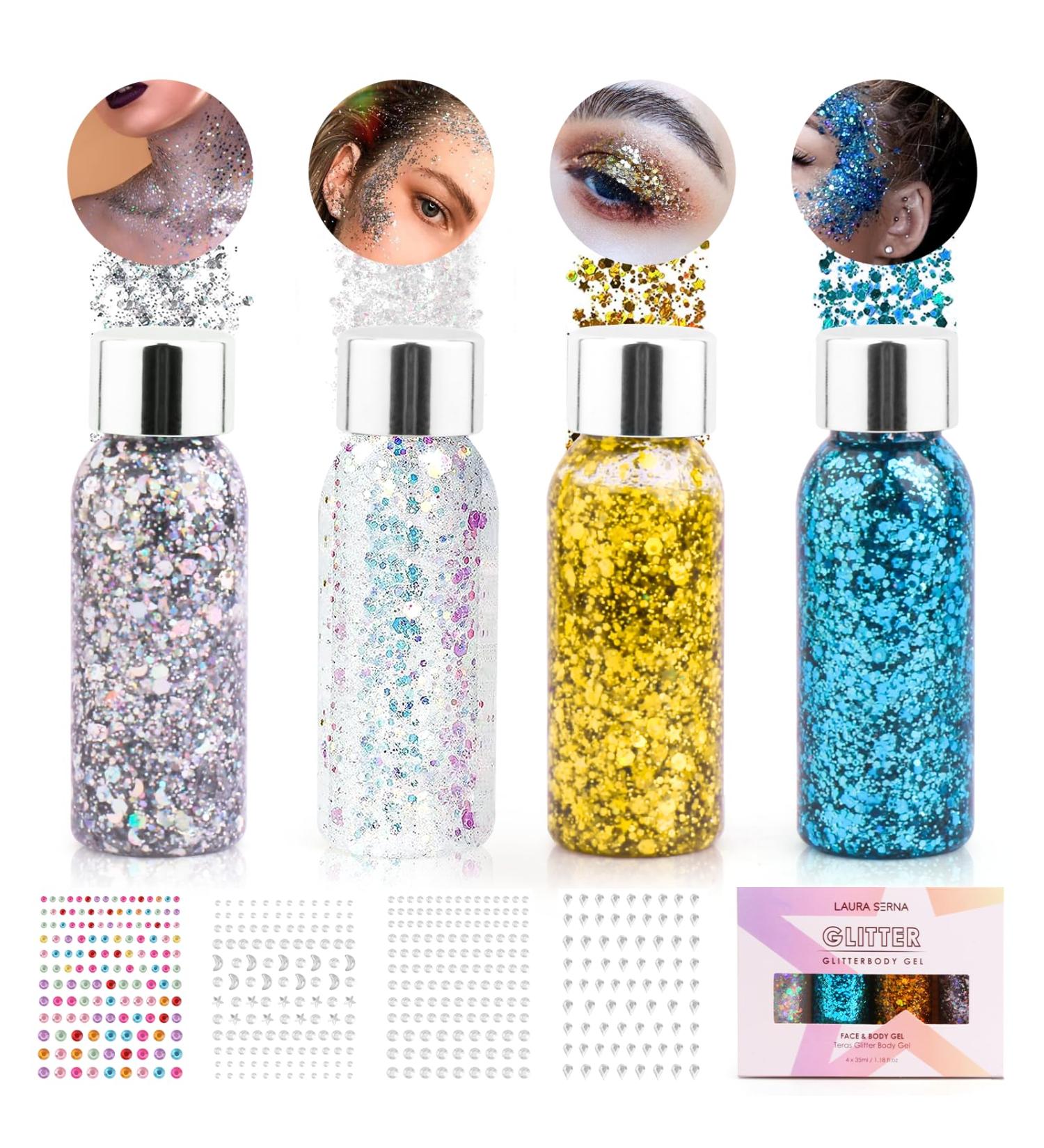 Buy Mermaid Body Glitter Gel - 4 Bottle Festival Face & Hair Glitzer | Self-Adhesive Sparkle Stones for Makeup & Masquerade - Buy Online on GoSupps.com