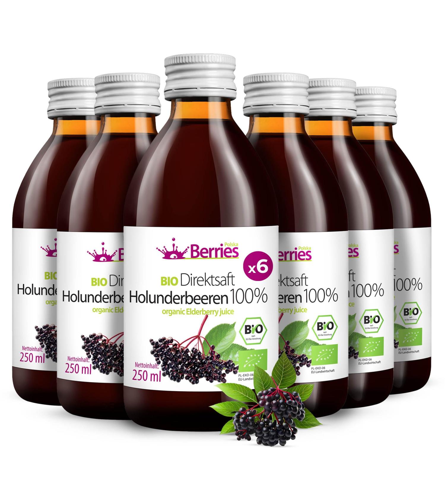Organic Elderberry Juice 6 Pack (6x250ml) - 100% Cold-Pressed No Sugar Non-GMO Vegan - Berriespolska  - Buy Online on GoSupps.com