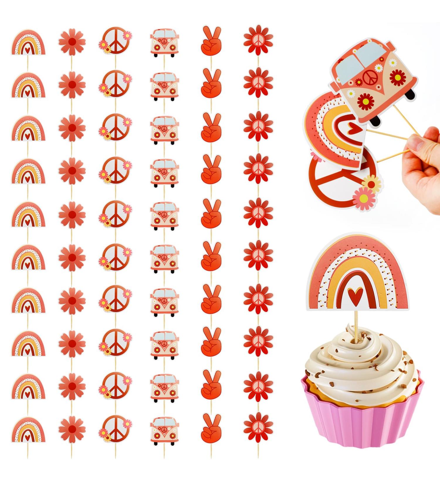 60Pcs Hippie Party Cupcake Toppers Groovy Party Decorations Groovy Birthday Decorations Boho Rainbow Party Supplies - Buy Online on GoSupps.com