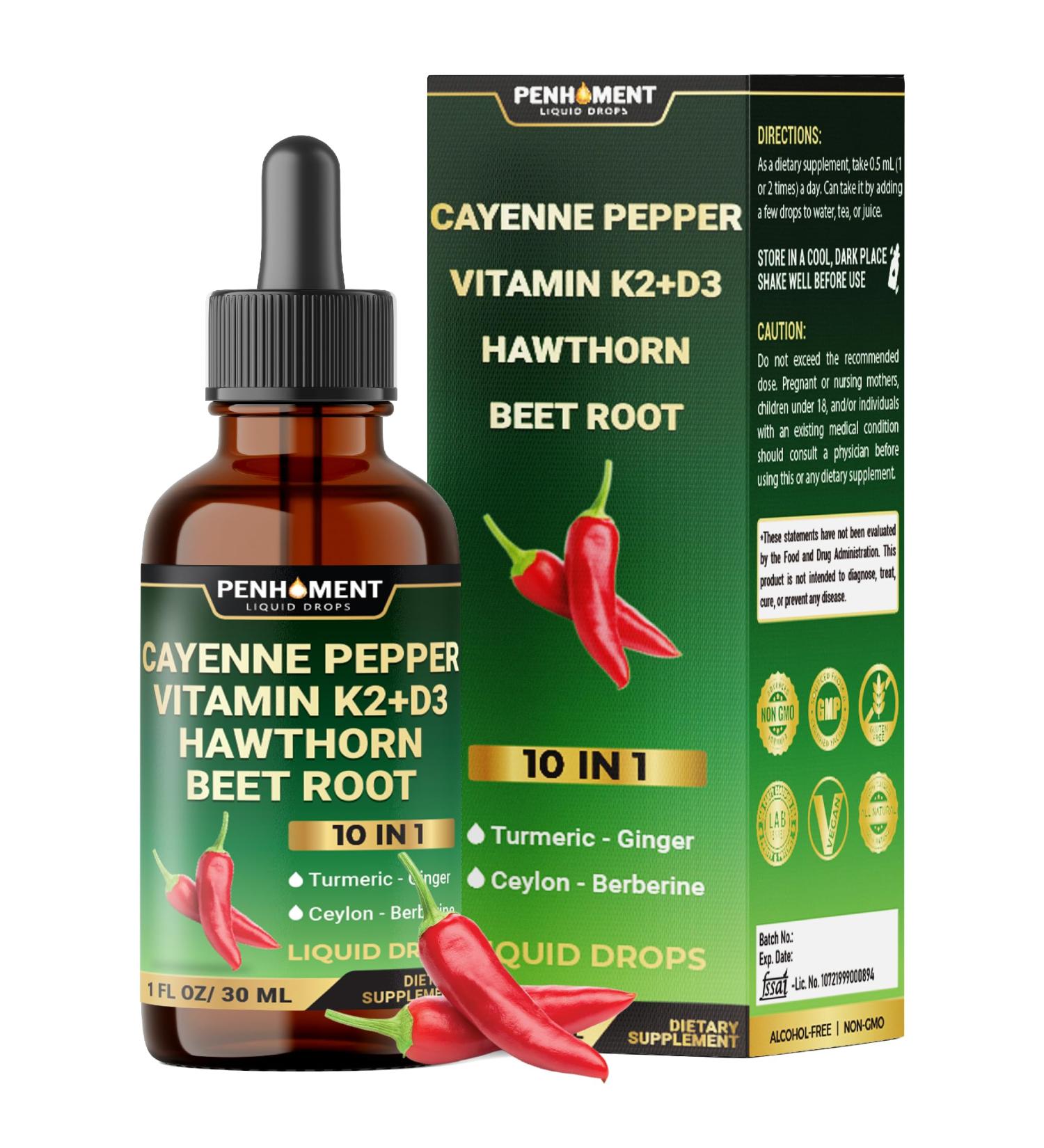 10in1 2700mg Cayenne Pepper Liquid Drops + Hawthorn Berry, Vitamin D3 K2 Beet Root Turmeric Ginger and More - Digestion Support - 1 Fl Oz - 2 Months Supply 1 Fl Oz (Pack of 1) - Buy Online on GoSupps.com