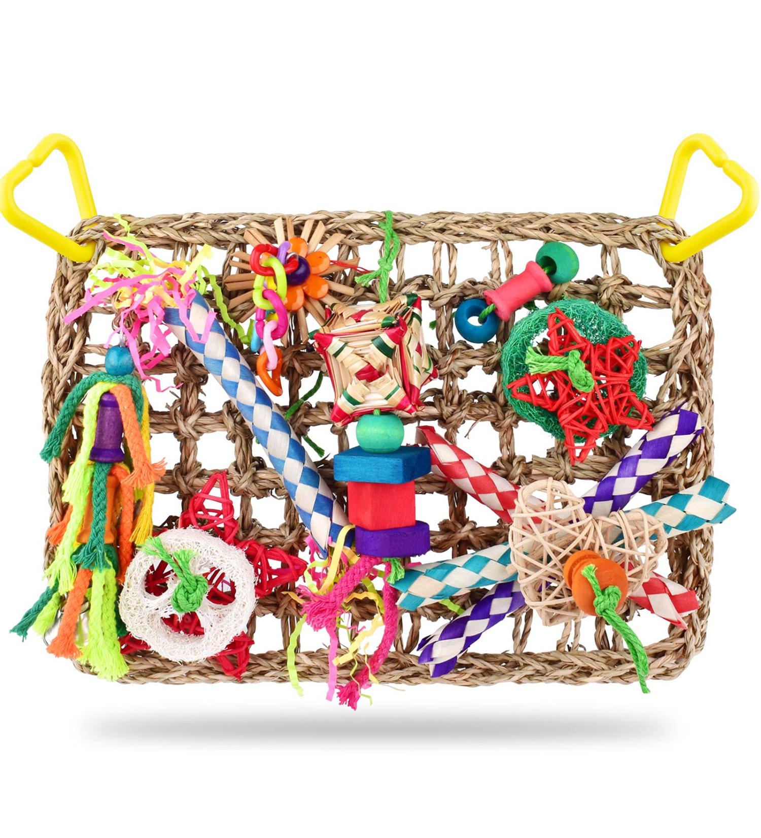 KATUMO Bird Foraging Wall Toy with Edible Seagrass Mat and Chewing Toys - Ideal for Lovebirds, Finch, Parakeets, Conure, Cockatiel - Buy Online on GoSupps.com