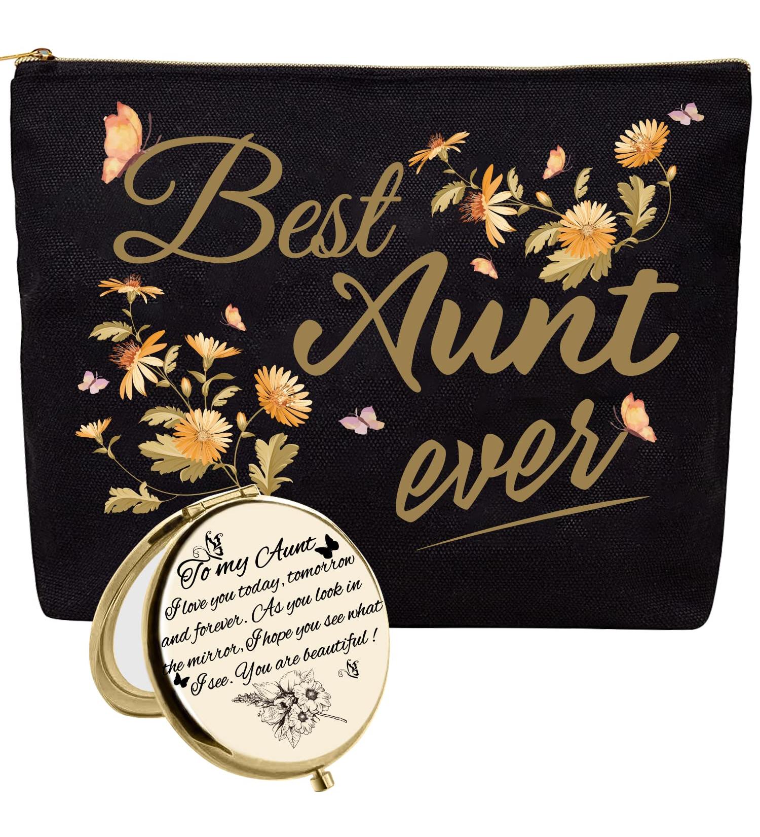 HnoonZ Best Aunt Ever Gifts Birthday Gifts for Aunt Aunt Gifts from Niece Aunt Gift Auntie Gifts Aunt Bday Gift from Niece Gifts for Aunt Best Aunt Makeup Bag Aunt Compact Mirror Aunt Cosmetic Bag - Buy Online on GoSupps.com